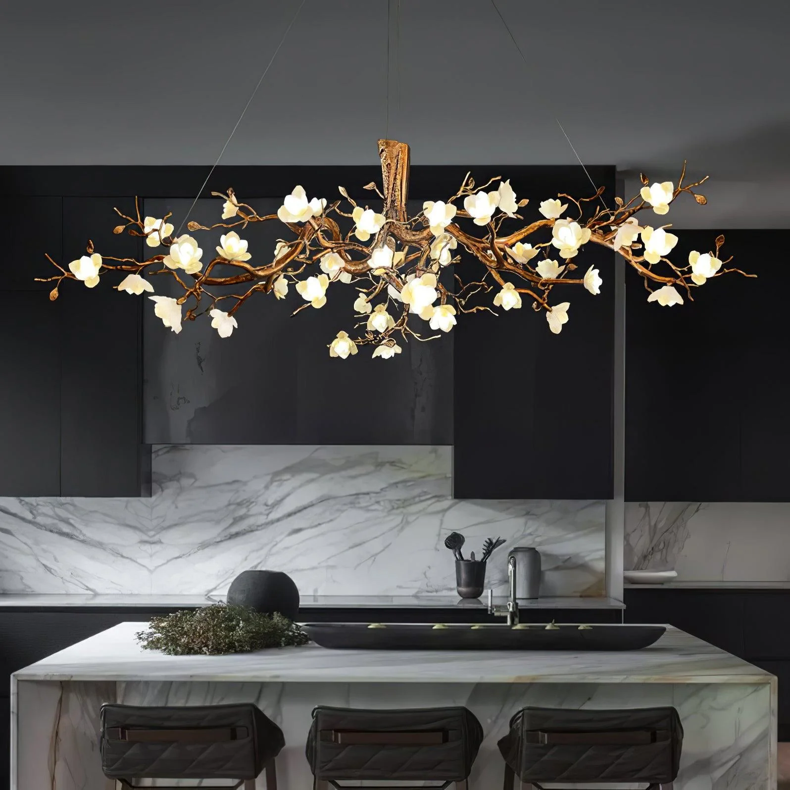 Avaros Postmodern Luxury Flower Bloom Branch Brass Ceramic Chandelier - Image 10