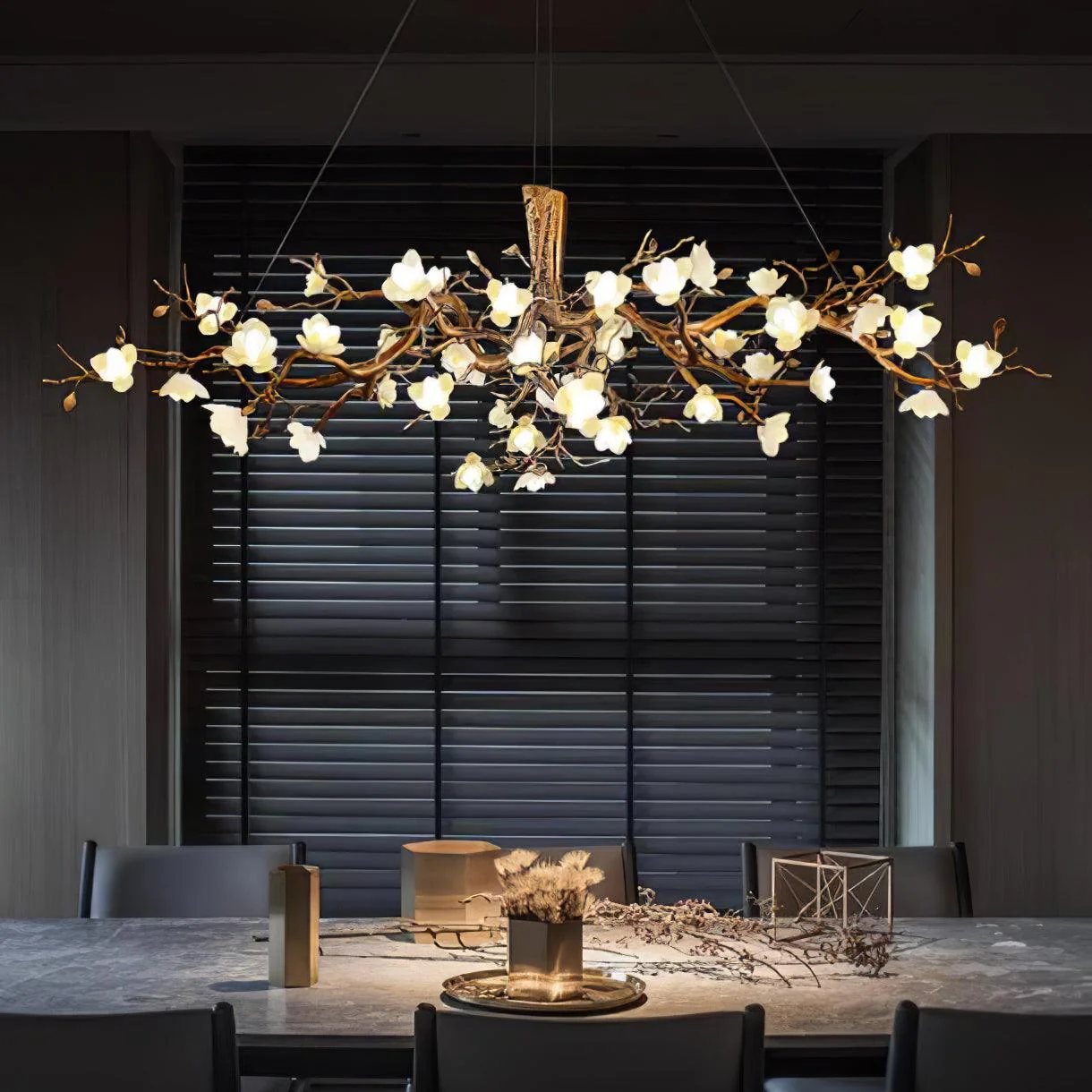 Avaros Postmodern Luxury Flower Bloom Branch Brass Ceramic Chandelier - Image 11