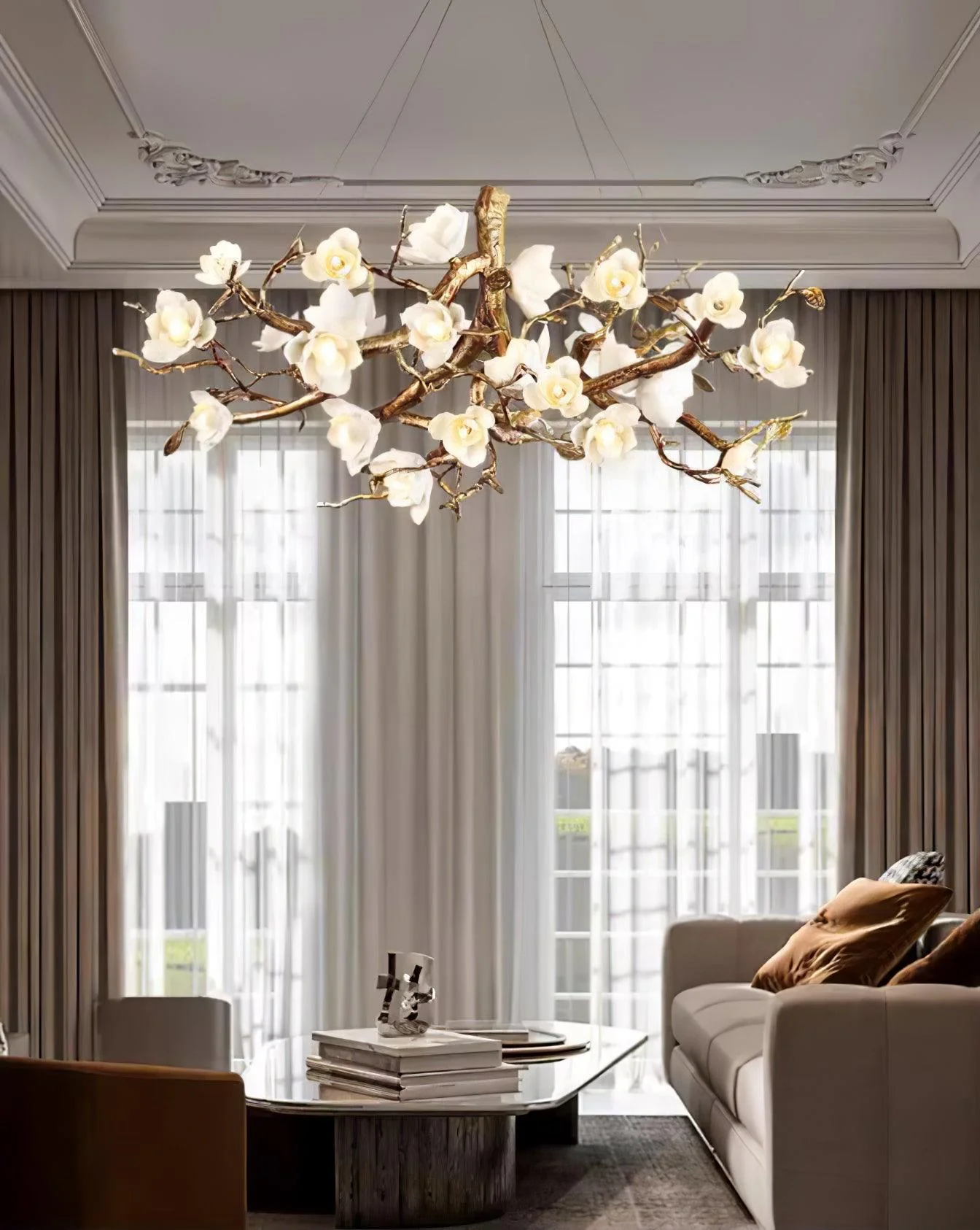 Avaros Postmodern Luxury Flower Bloom Branch Brass Ceramic Chandelier - Image 12