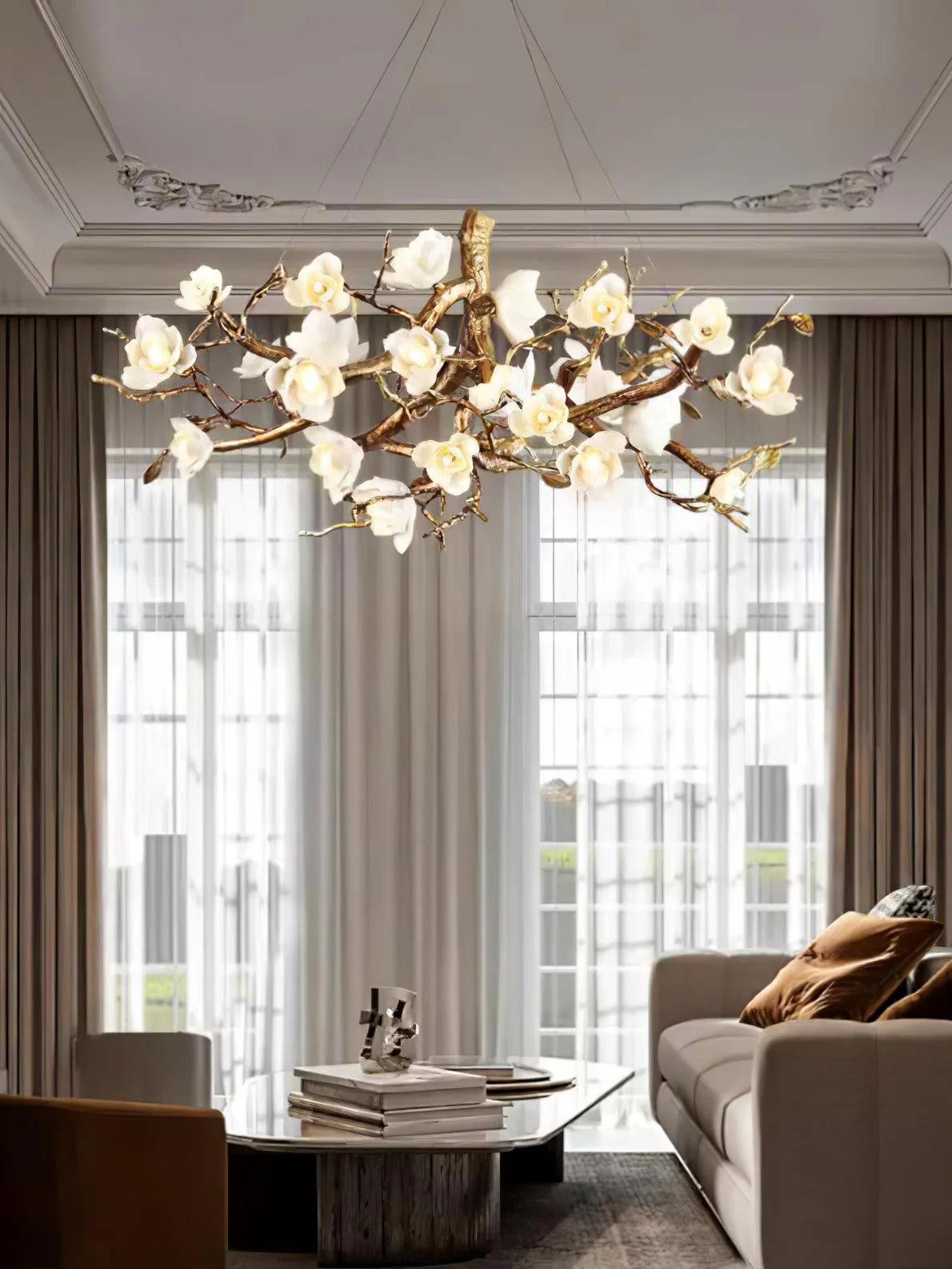 Avaros Postmodern Luxury Flower Bloom Branch Brass Ceramic Chandelier - Image 13