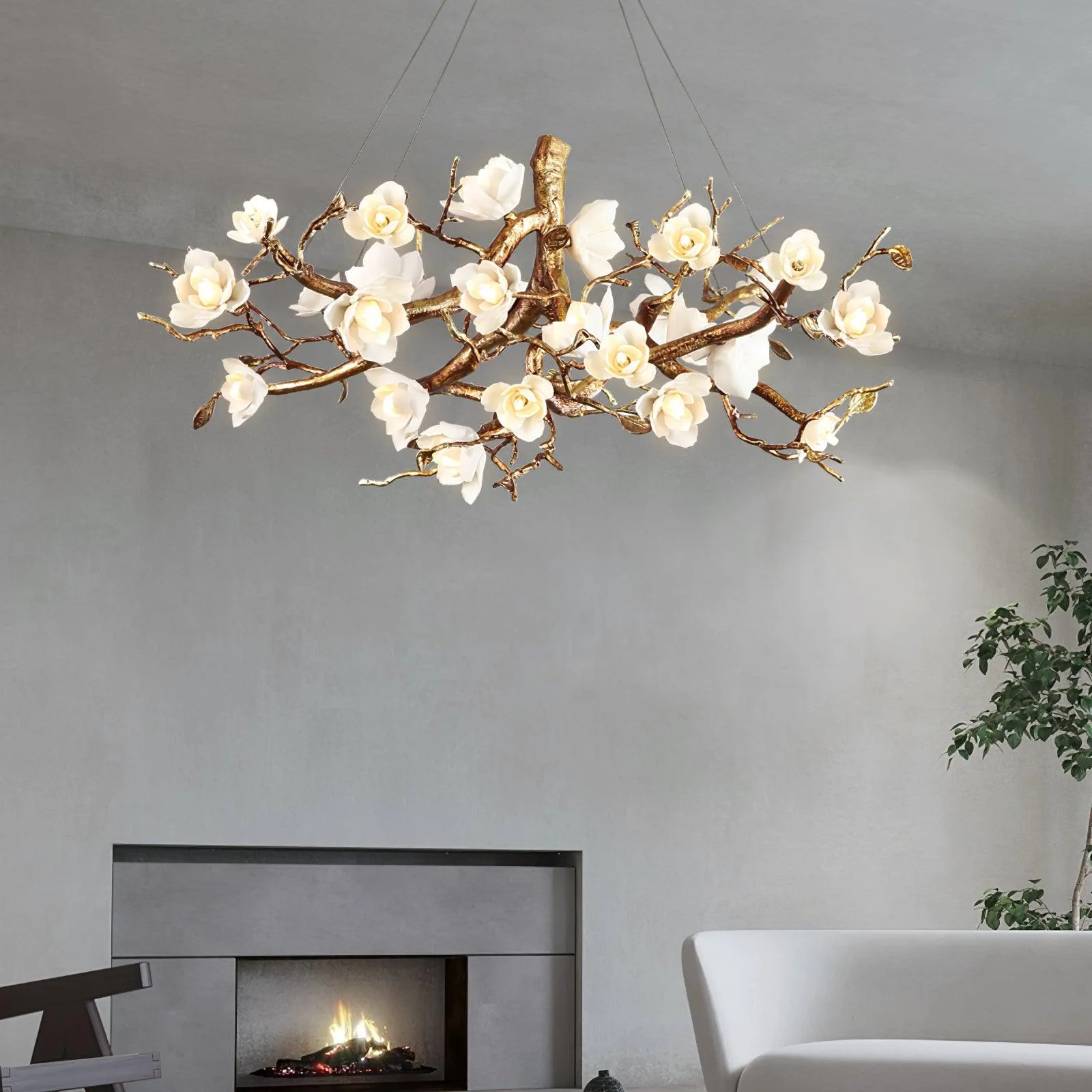 Avaros Postmodern Luxury Flower Bloom Branch Brass Ceramic Chandelier - Image 16
