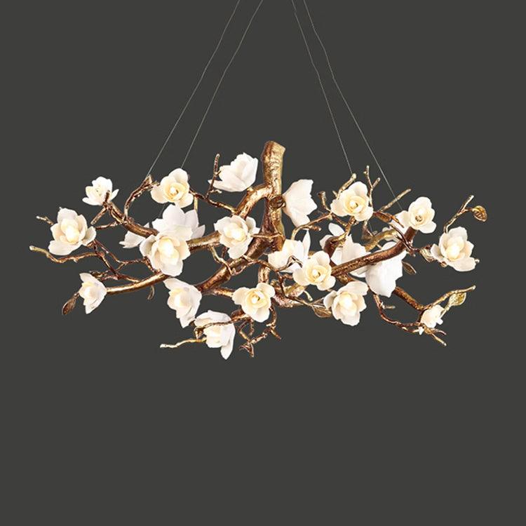 Avaros Postmodern Luxury Flower Bloom Branch Brass Ceramic Chandelier - Image 17