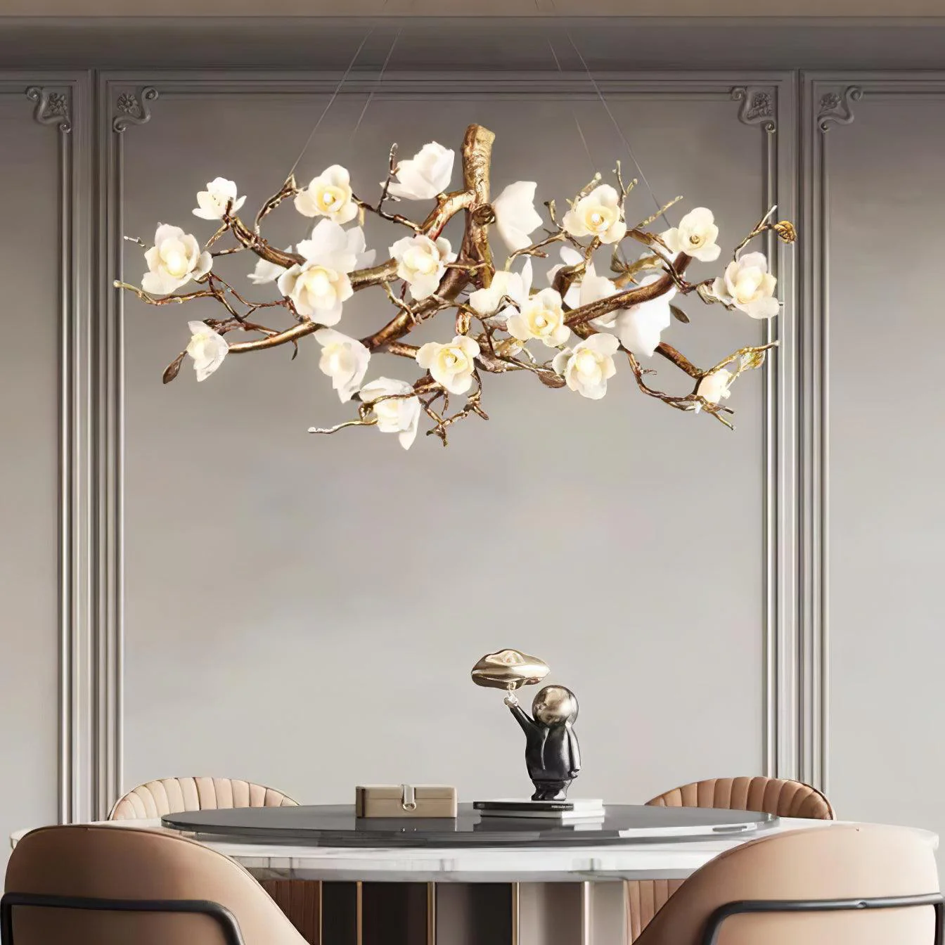 Avaros Postmodern Luxury Flower Bloom Branch Brass Ceramic Chandelier - Image 19