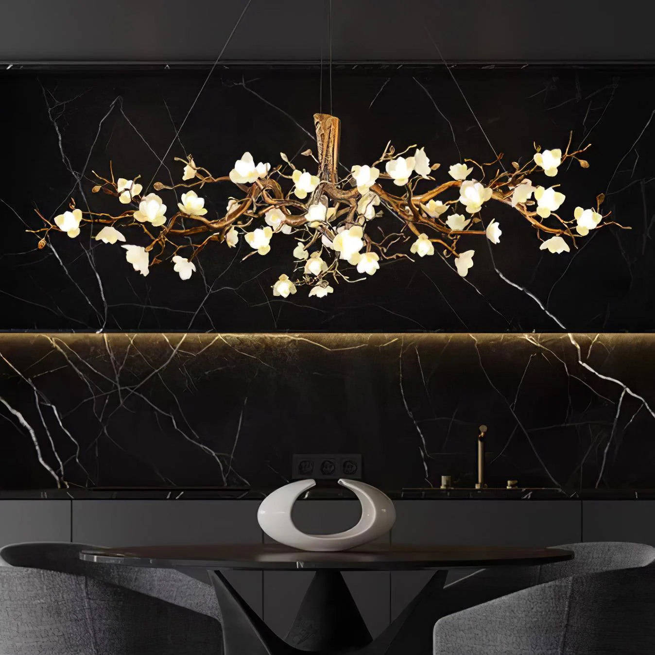 Avaros Postmodern Luxury Flower Bloom Branch Brass Ceramic Chandelier - Image 2