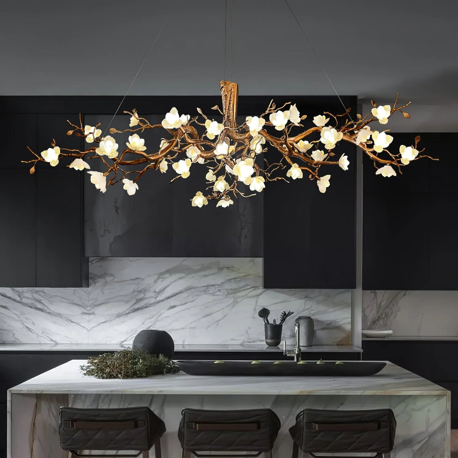 Avaros Postmodern Luxury Flower Bloom Branch Brass Ceramic Chandelier - Image 20
