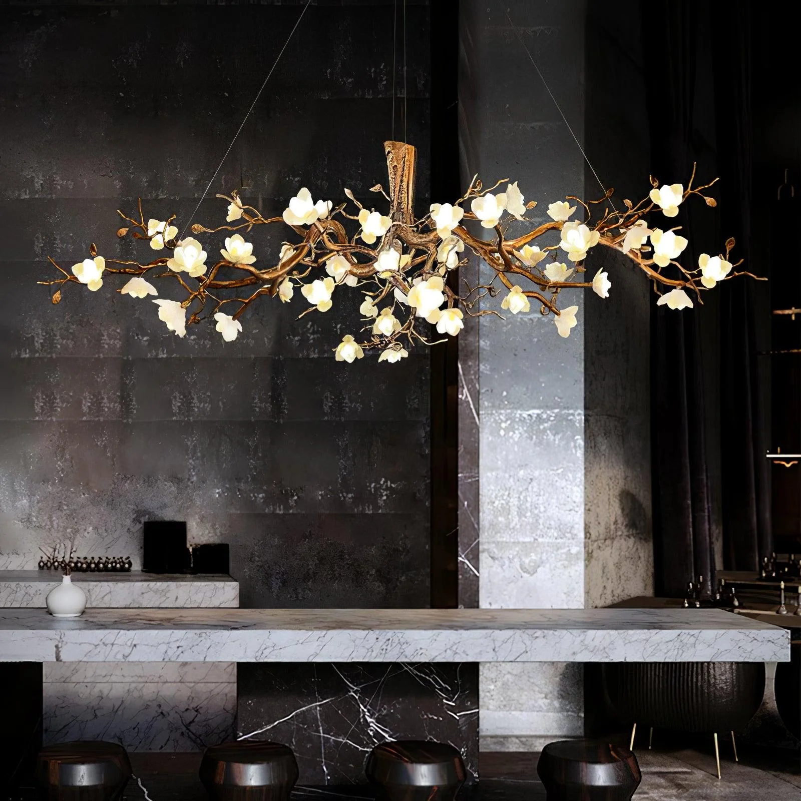 Avaros Postmodern Luxury Flower Bloom Branch Brass Ceramic Chandelier - Image 21