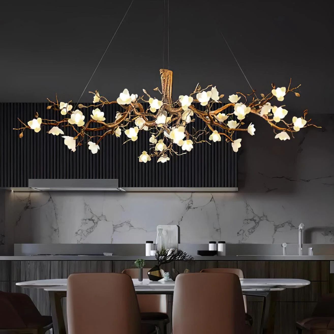 Avaros Postmodern Luxury Flower Bloom Branch Brass Ceramic Chandelier - Image 22