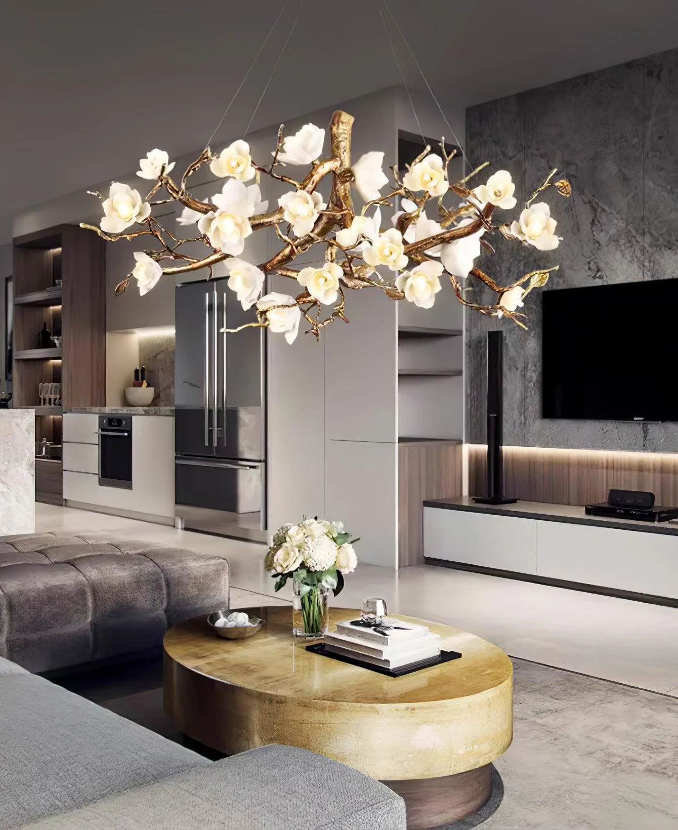 Avaros Postmodern Luxury Flower Bloom Branch Brass Ceramic Chandelier - Image 23