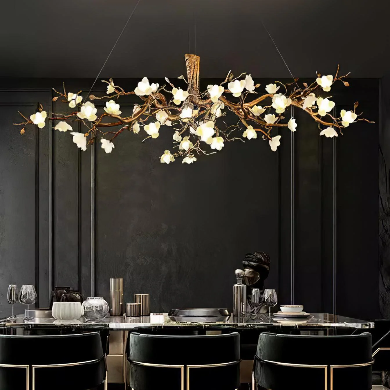 Avaros Postmodern Luxury Flower Bloom Branch Brass Ceramic Chandelier - Image 24