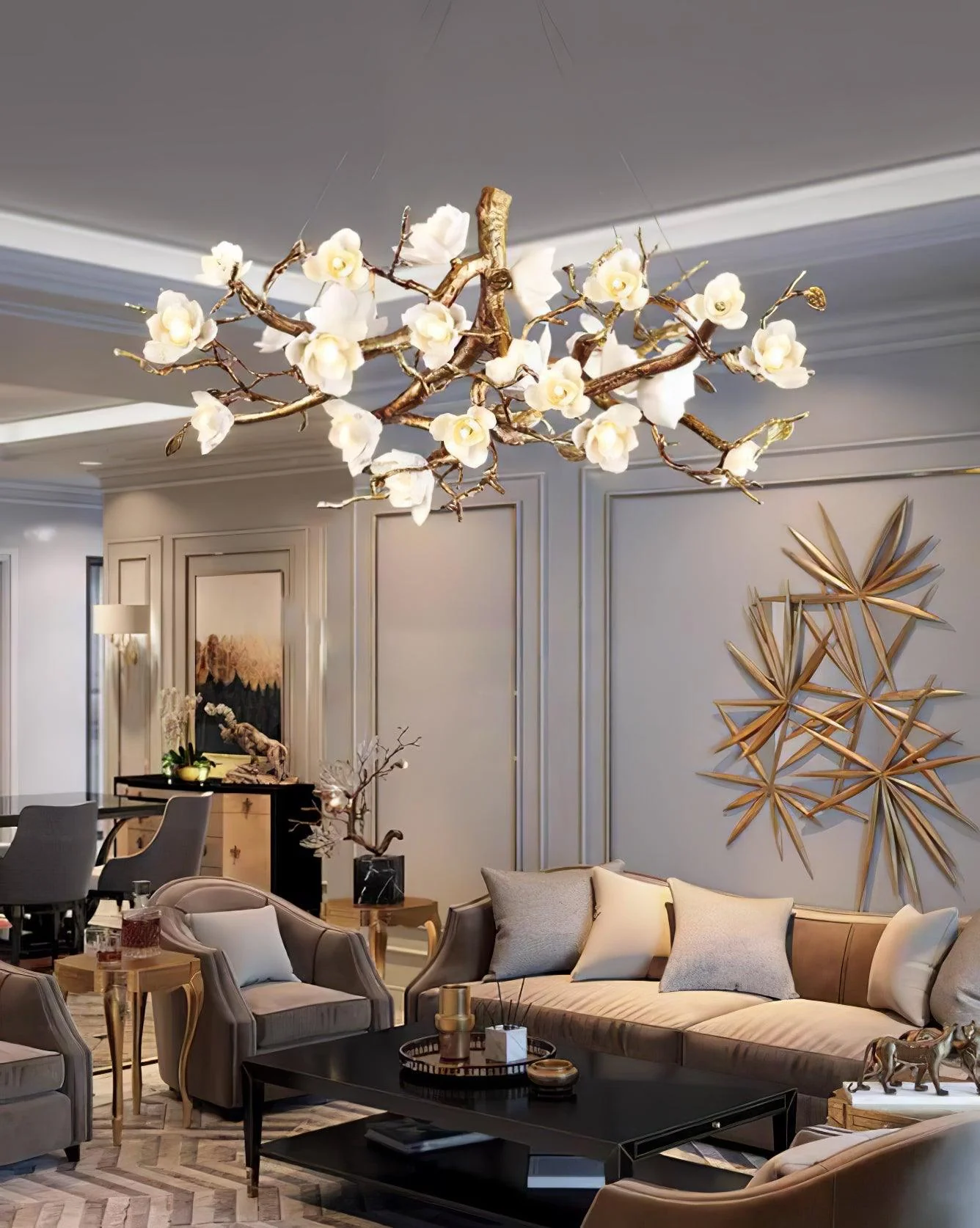 Avaros Postmodern Luxury Flower Bloom Branch Brass Ceramic Chandelier - Image 25