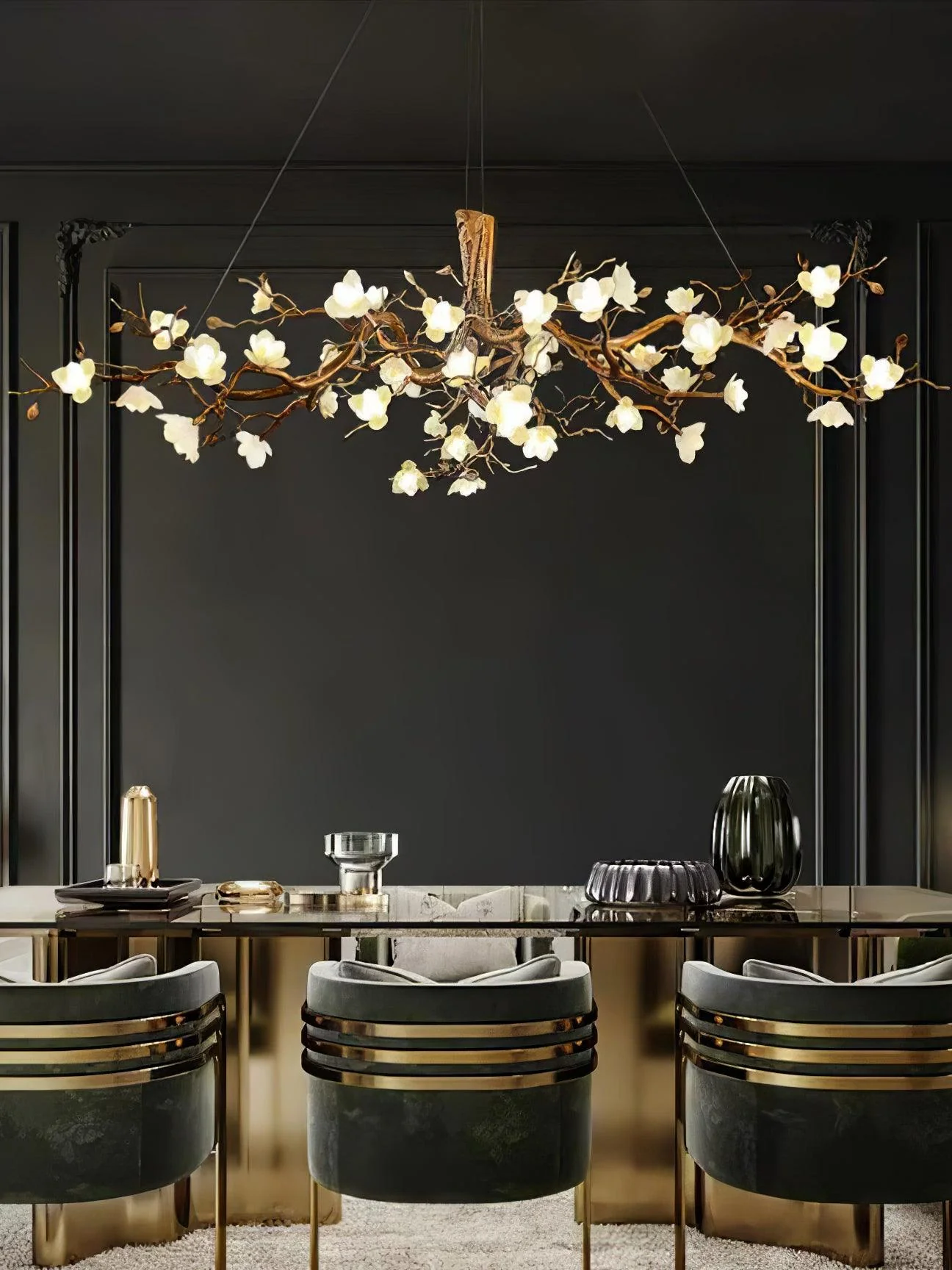 Avaros Postmodern Luxury Flower Bloom Branch Brass Ceramic Chandelier - Image 27