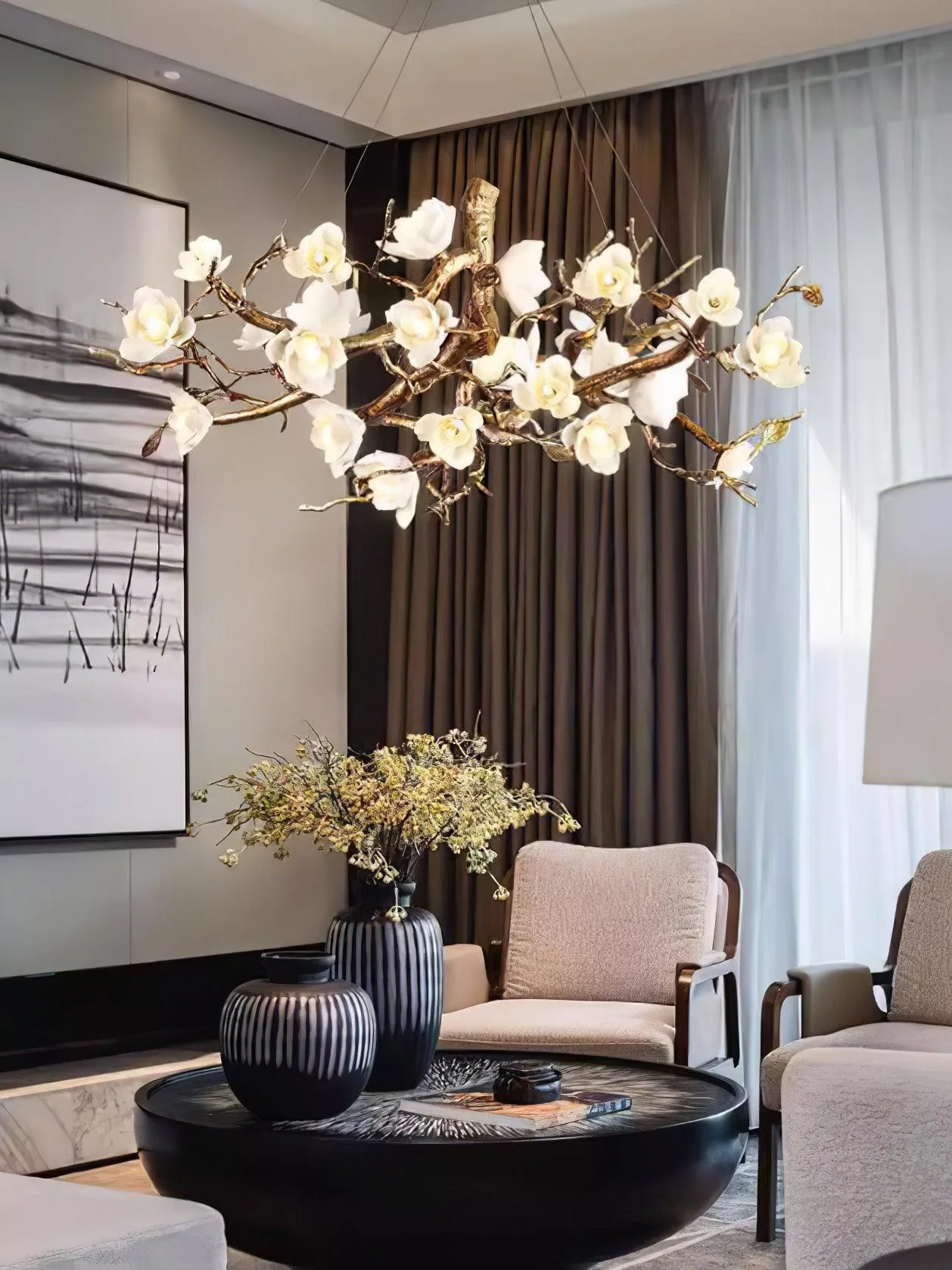 Avaros Postmodern Luxury Flower Bloom Branch Brass Ceramic Chandelier - Image 28