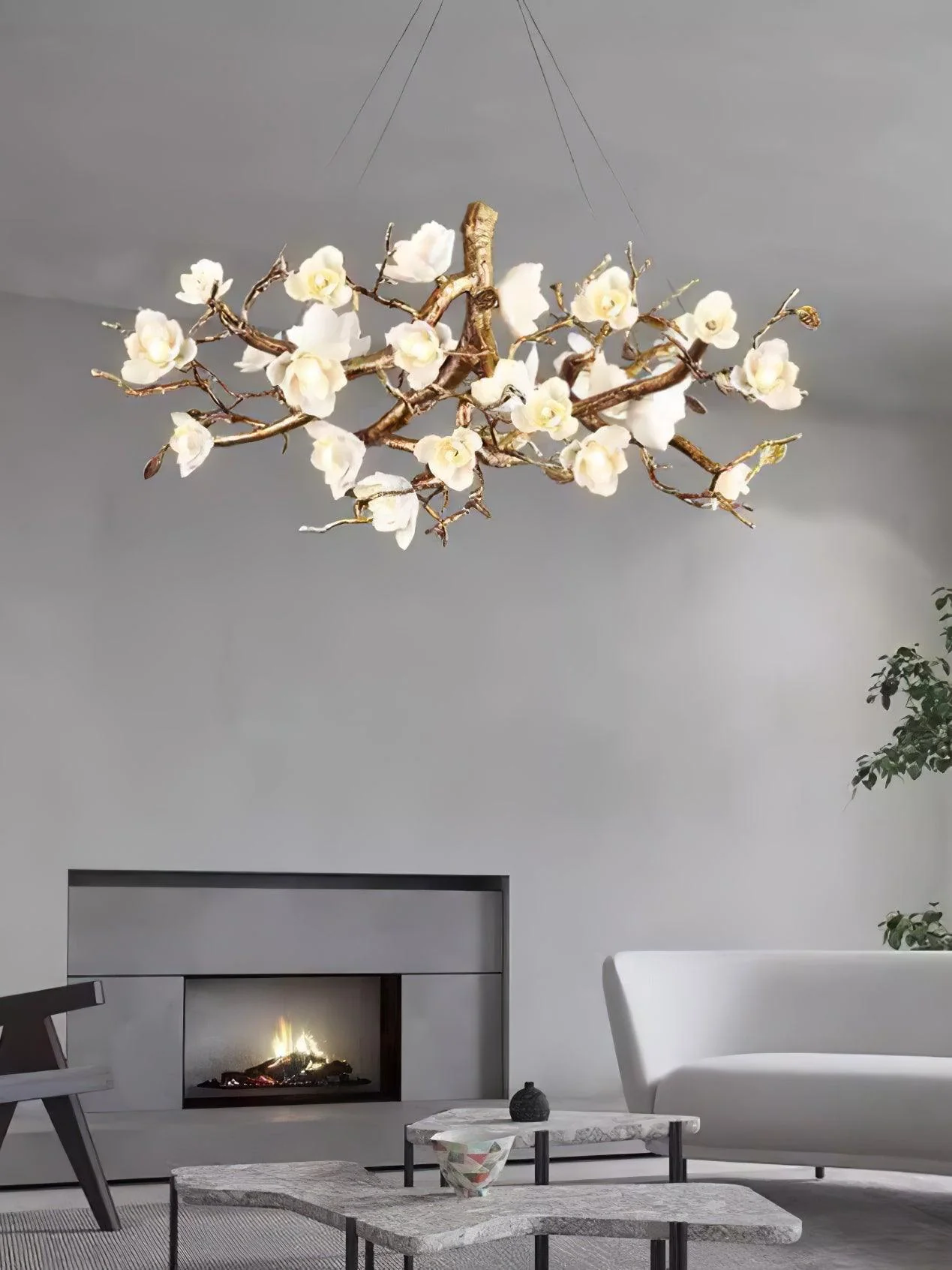 Avaros Postmodern Luxury Flower Bloom Branch Brass Ceramic Chandelier - Image 29