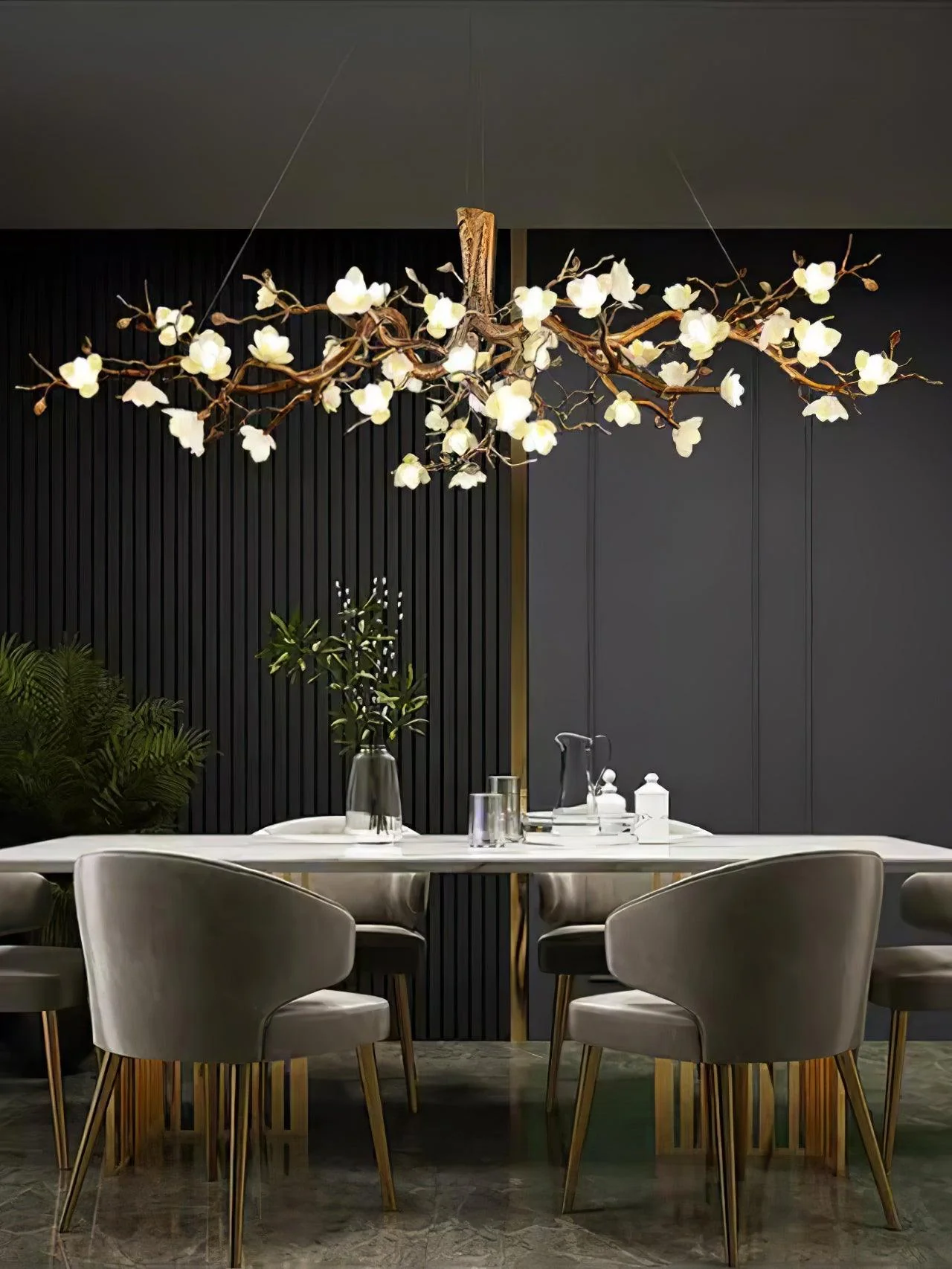Avaros Postmodern Luxury Flower Bloom Branch Brass Ceramic Chandelier - Image 3