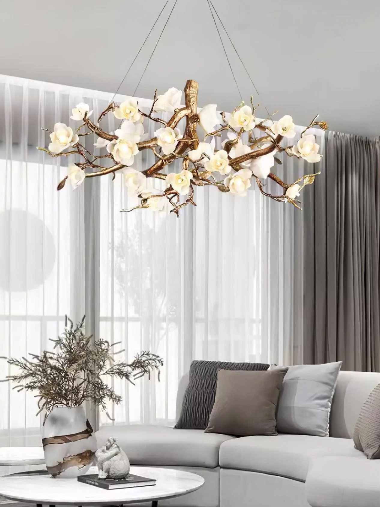 Avaros Postmodern Luxury Flower Bloom Branch Brass Ceramic Chandelier - Image 30