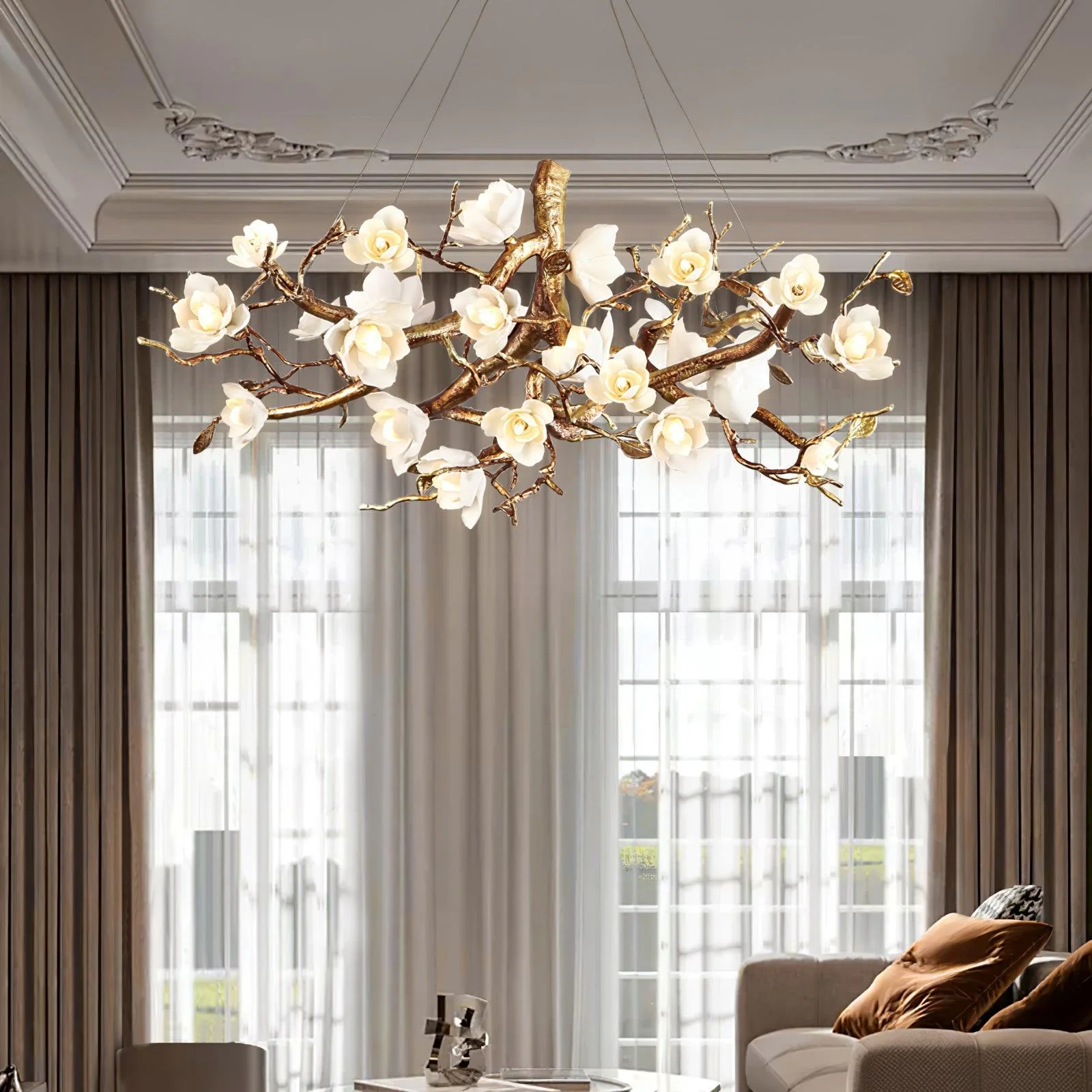 Avaros Postmodern Luxury Flower Bloom Branch Brass Ceramic Chandelier - Image 4