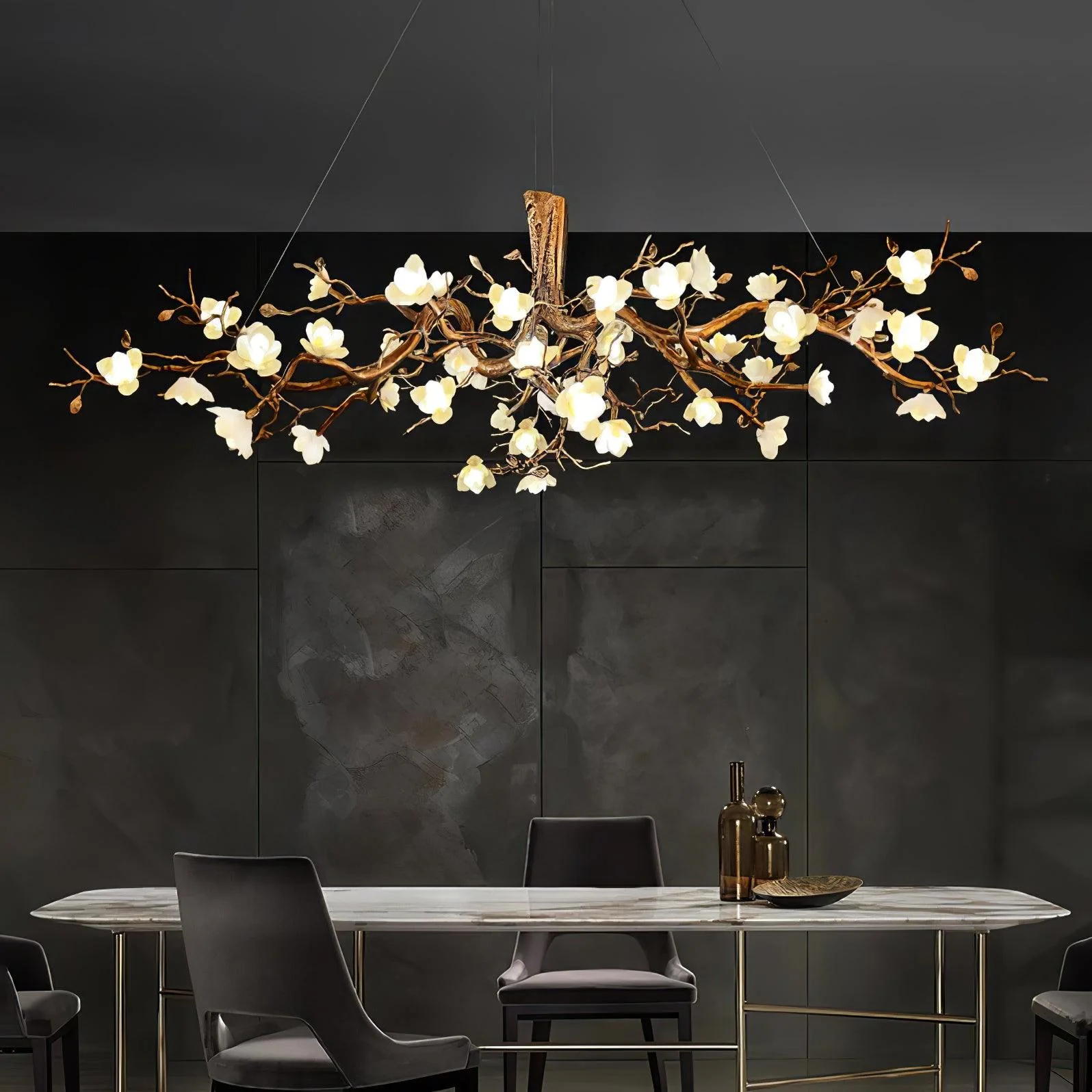 Avaros Postmodern Luxury Flower Bloom Branch Brass Ceramic Chandelier - Image 5