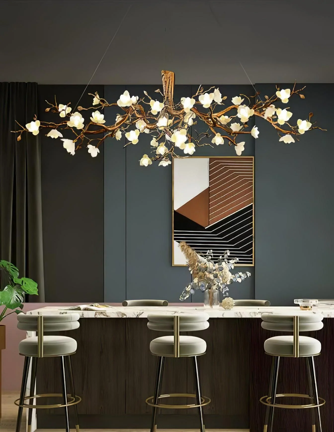 Avaros Postmodern Luxury Flower Bloom Branch Brass Ceramic Chandelier - Image 6