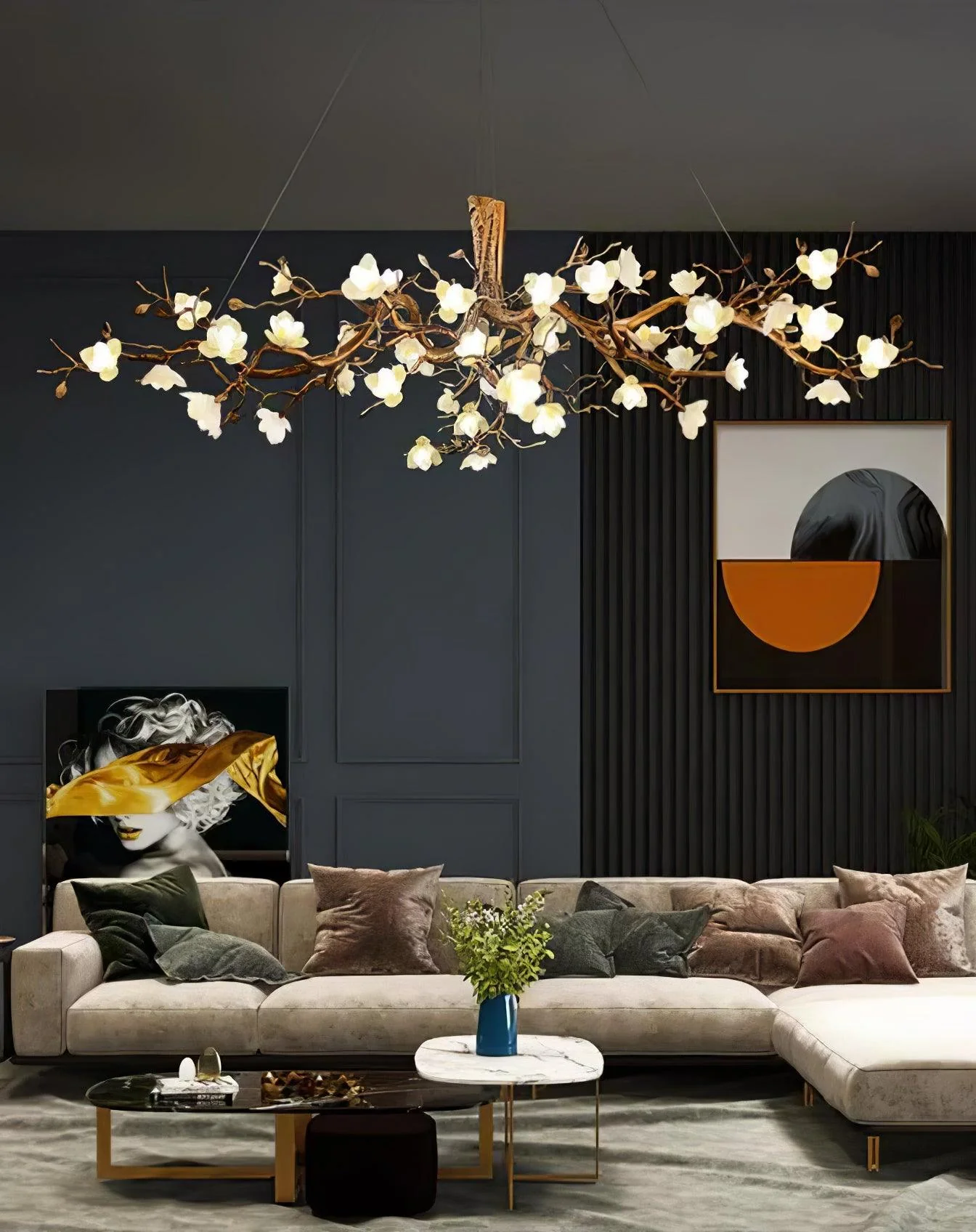 Avaros Postmodern Luxury Flower Bloom Branch Brass Ceramic Chandelier - Image 7
