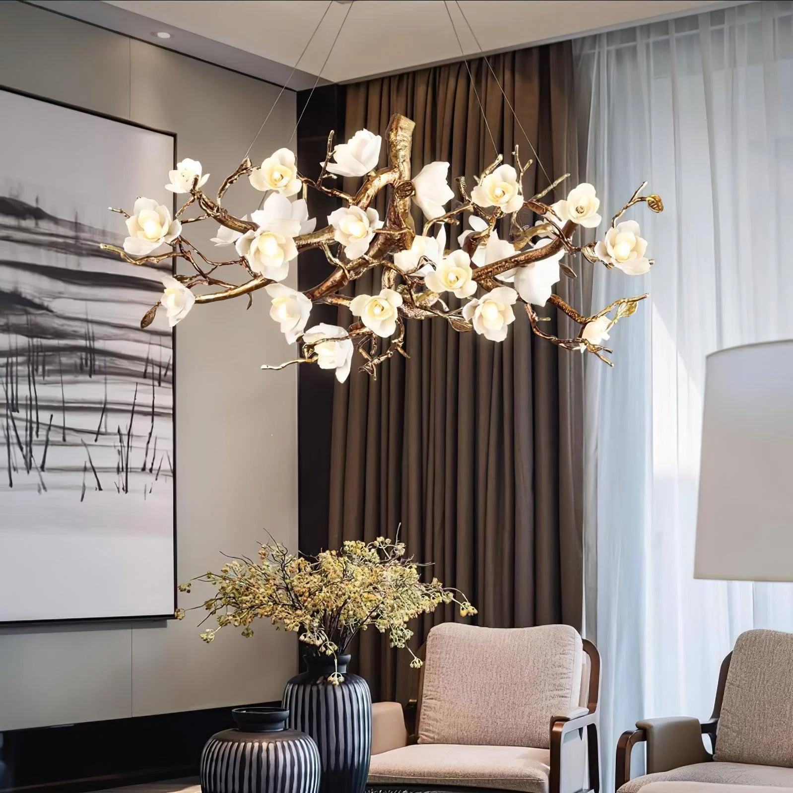 Avaros Postmodern Luxury Flower Bloom Branch Brass Ceramic Chandelier - Image 8