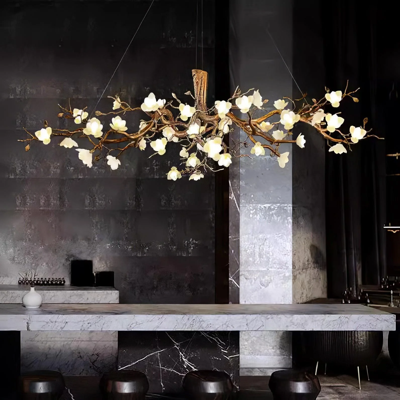 Avaros Postmodern Luxury Flower Bloom Branch Brass Ceramic Chandelier - Image 9