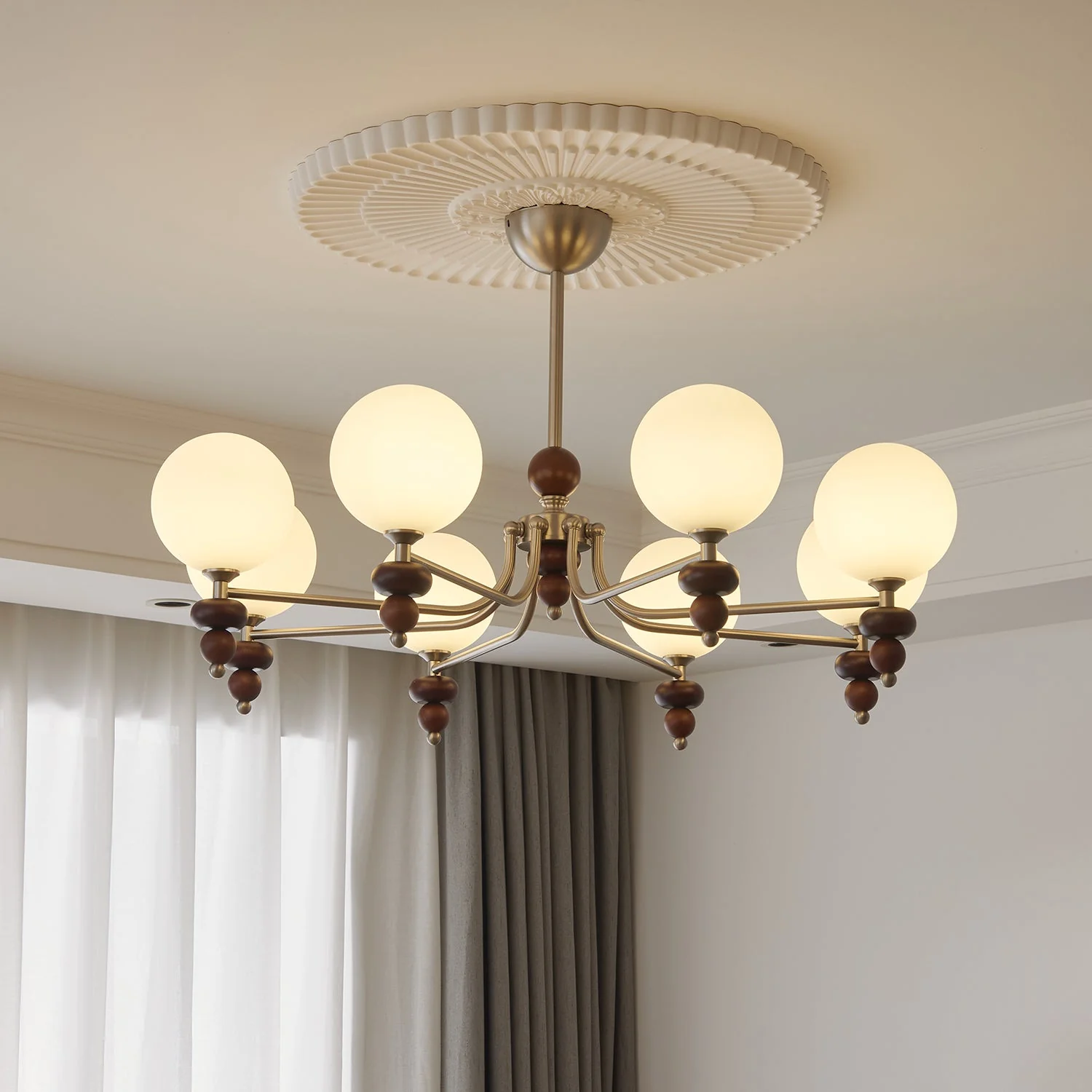 Cemarus Traditional Sphere Walnut Wood Glass Chandelier - Image 3