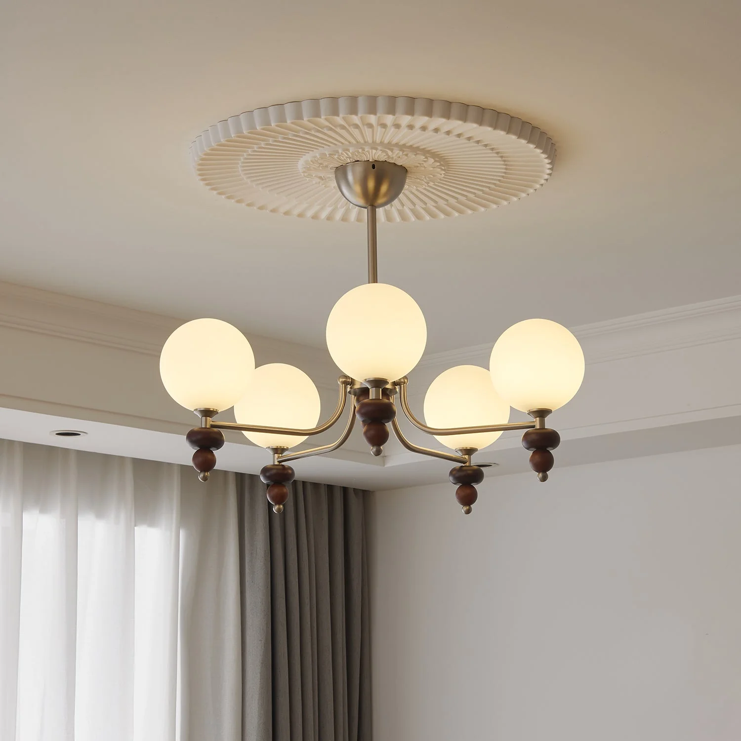 Cemarus Traditional Sphere Walnut Wood Glass Chandelier - Image 4