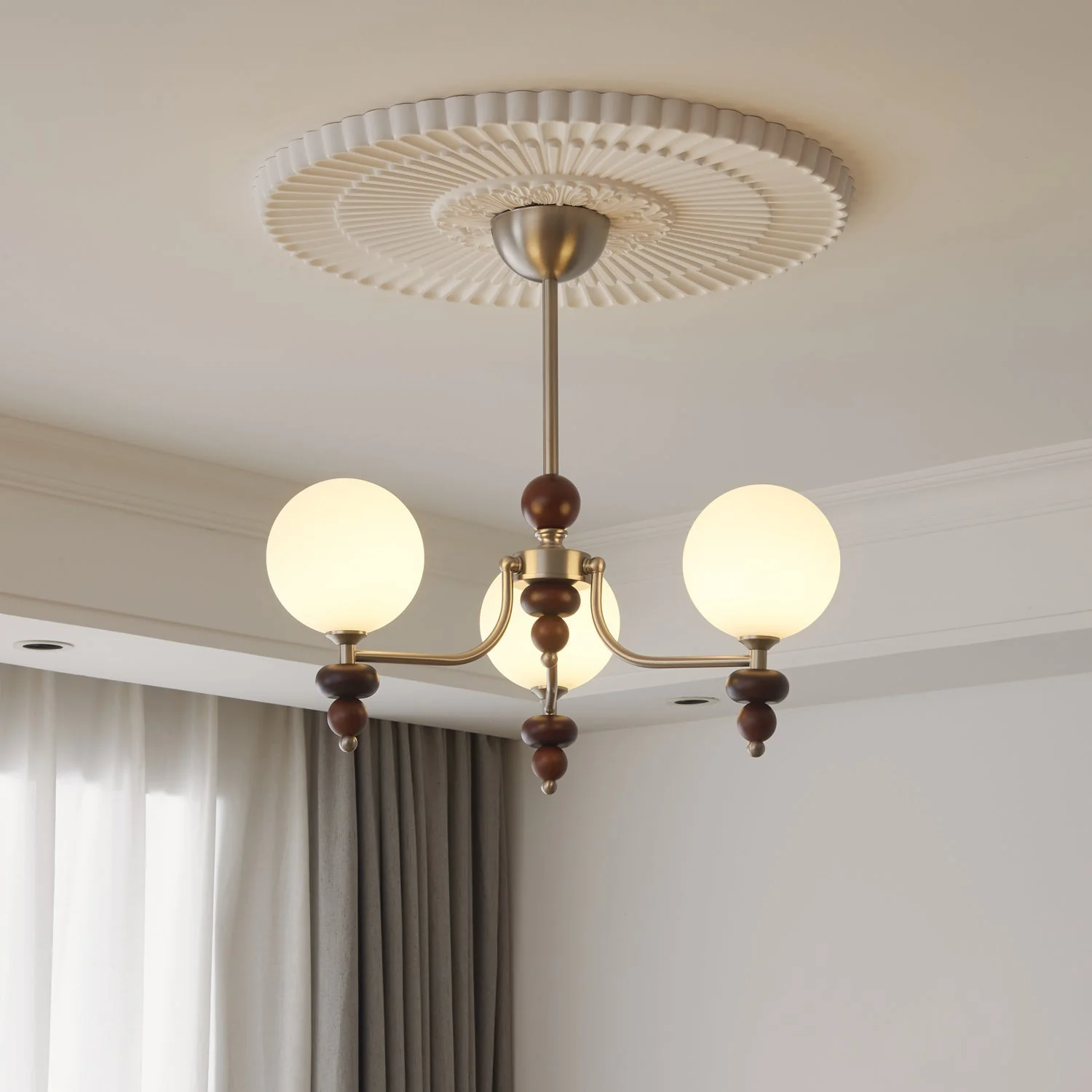 Cemarus Traditional Sphere Walnut Wood Glass Chandelier - Image 5