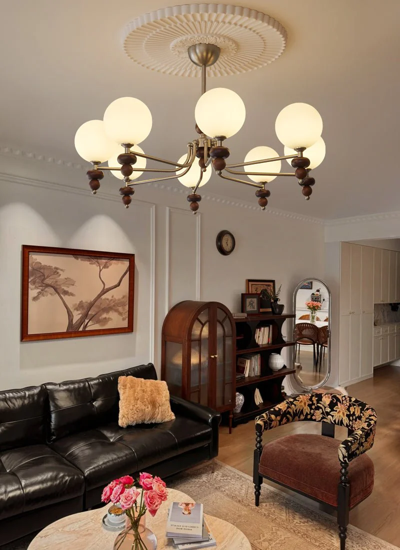 Cemarus Traditional Sphere Walnut Wood Glass Chandelier - Image 6