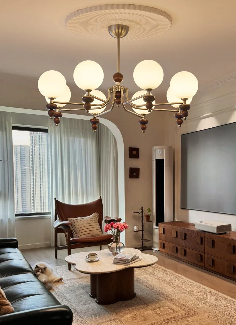 Cemarus Traditional Sphere Walnut Wood Glass Chandelier - Image 7