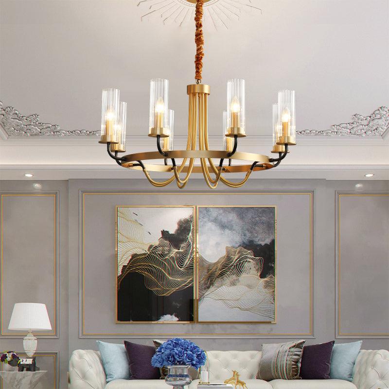 Chandelier Black Round Frame Brass Arms Ribbed Glass - Image 13