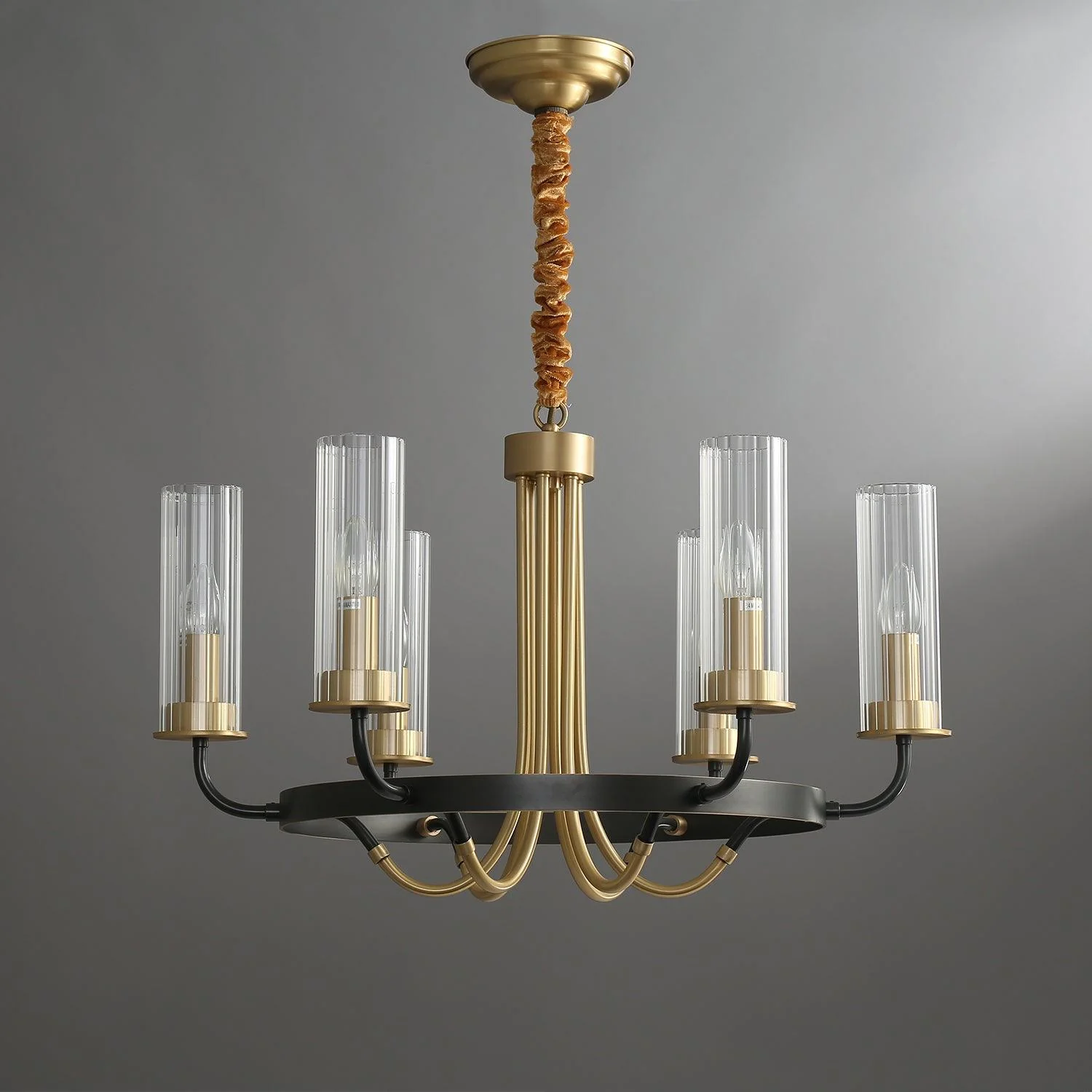 Chandelier Black Round Frame Brass Arms Ribbed Glass - Image 14