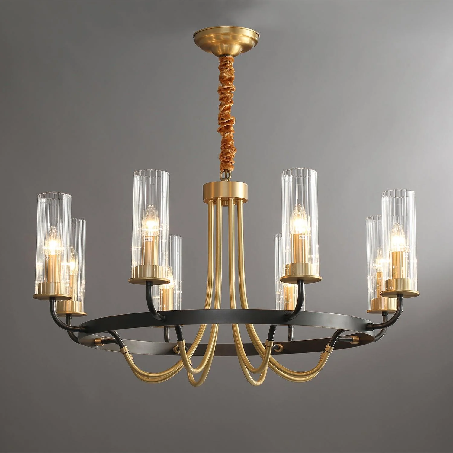 Chandelier Black Round Frame Brass Arms Ribbed Glass - Image 20