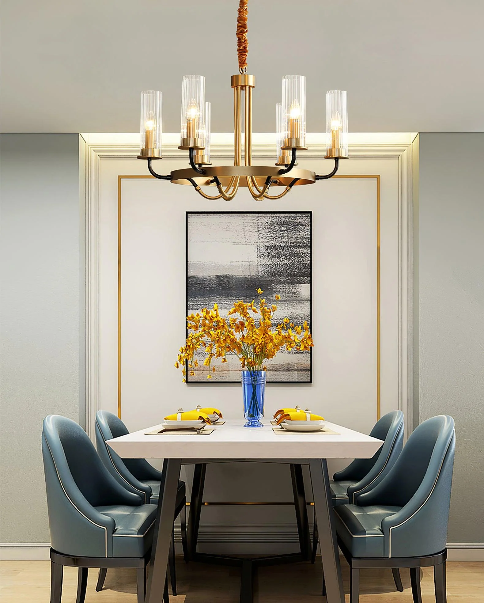 Chandelier Black Round Frame Brass Arms Ribbed Glass - Image 24