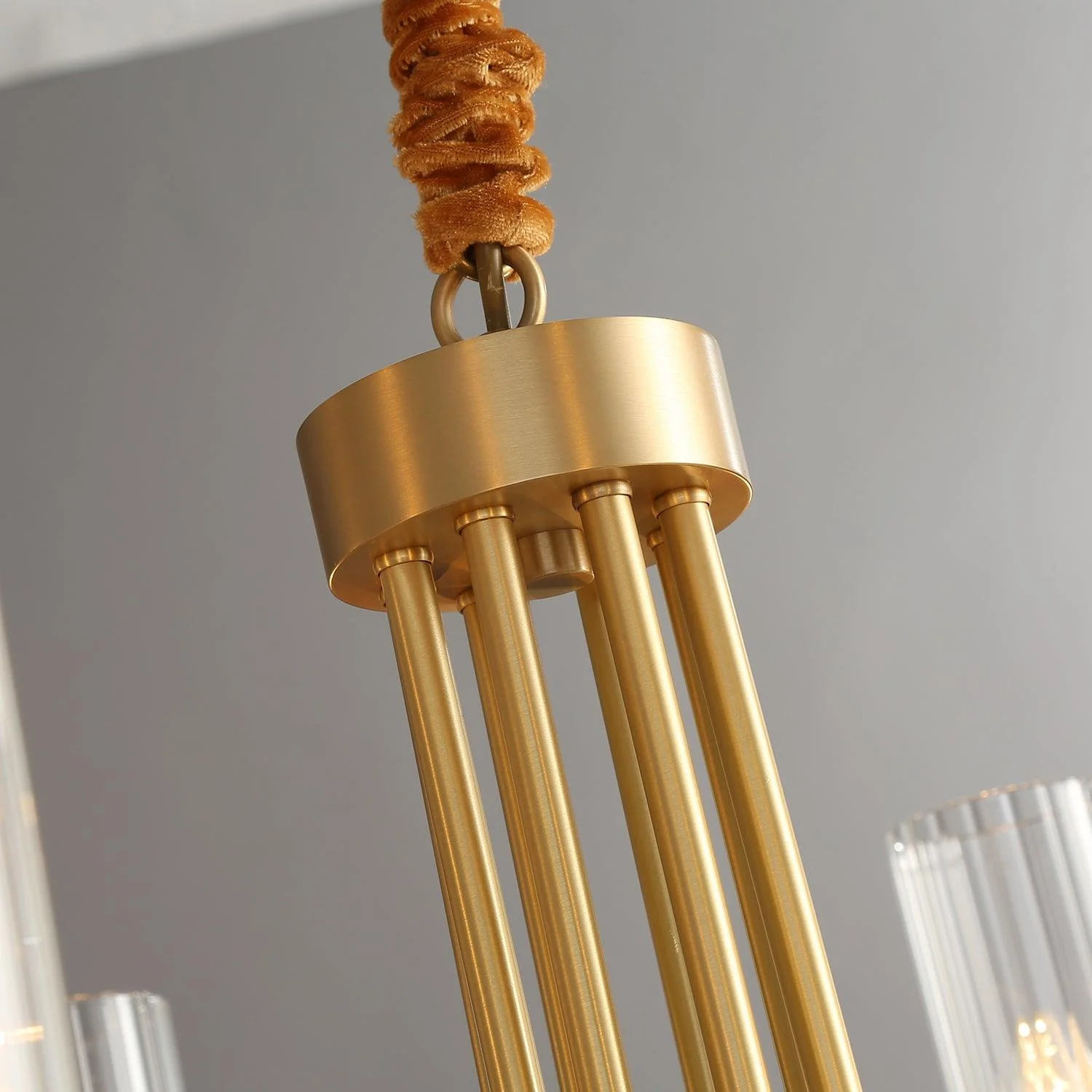 Chandelier Black Round Frame Brass Arms Ribbed Glass - Image 3