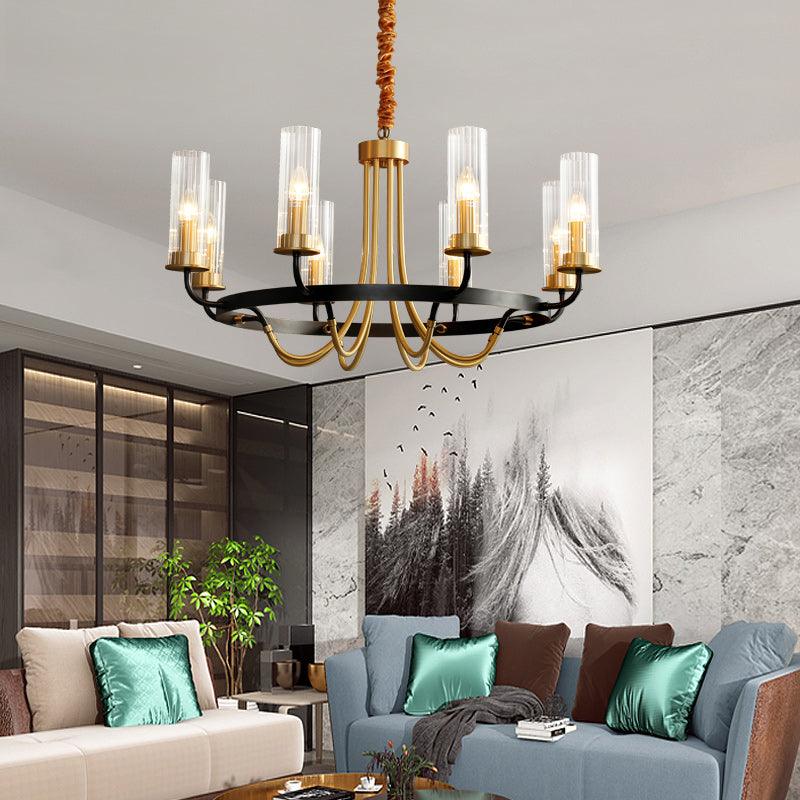 Chandelier Black Round Frame Brass Arms Ribbed Glass - Image 4