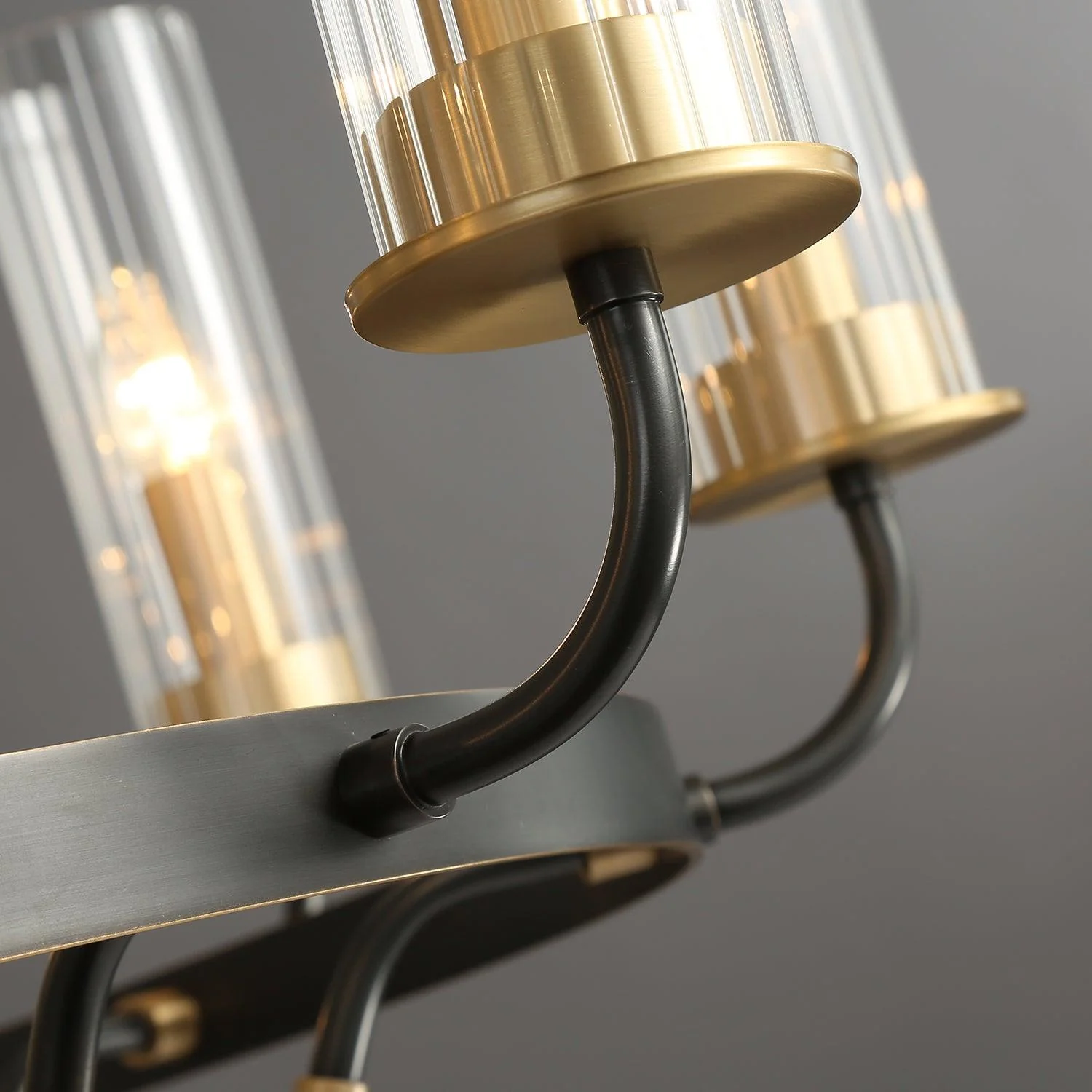 Chandelier Black Round Frame Brass Arms Ribbed Glass - Image 7