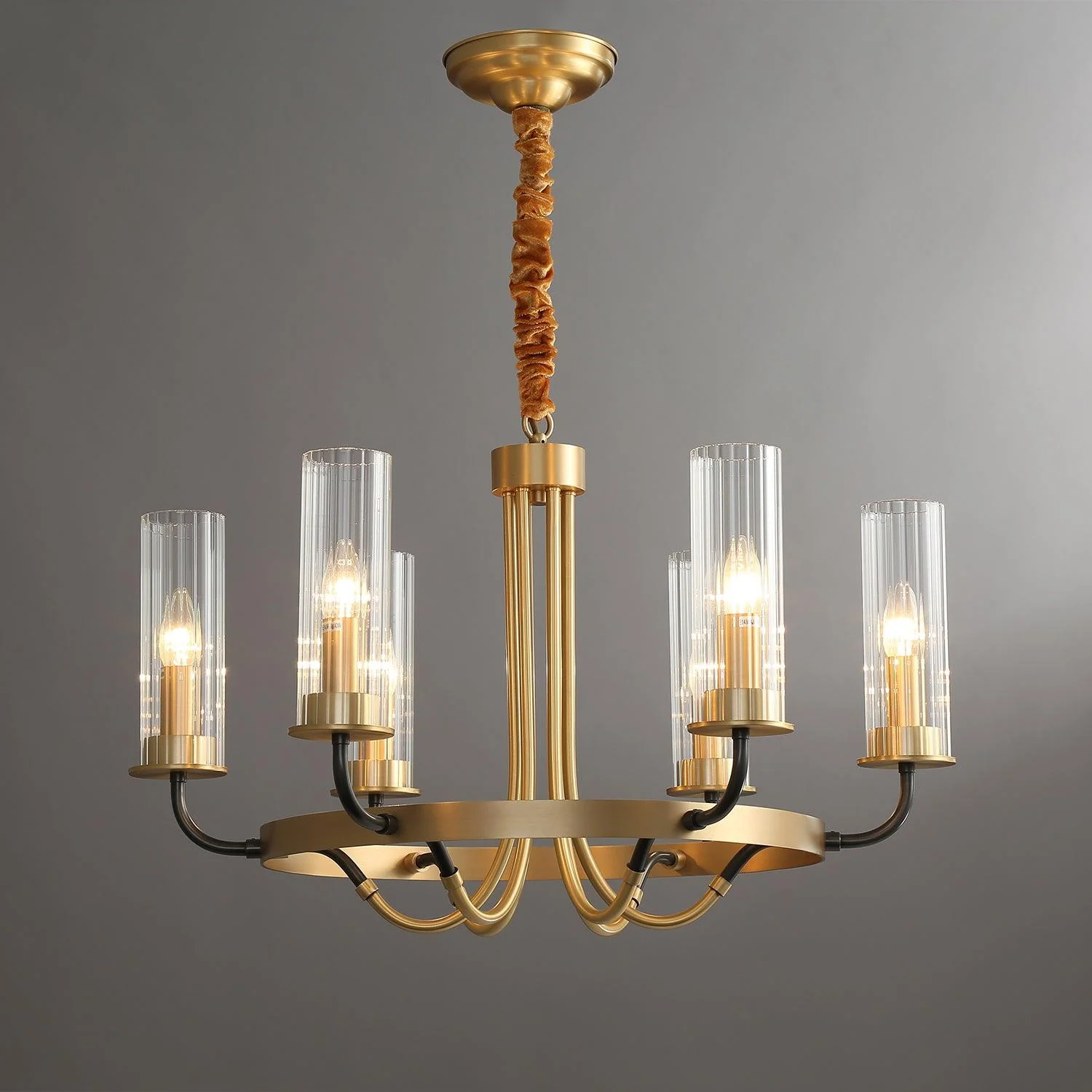 Chandelier Black Round Frame Brass Arms Ribbed Glass - Image 8