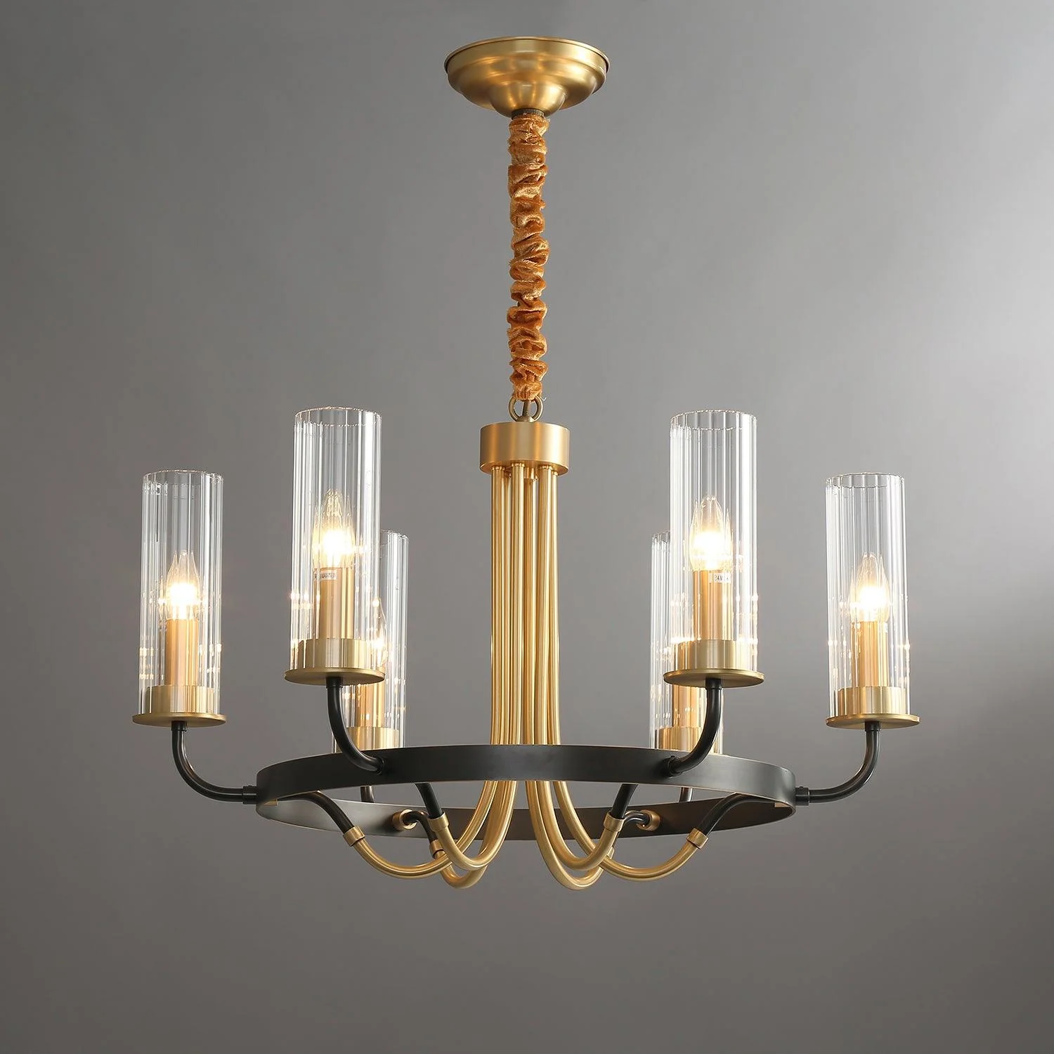 Chandelier Black Round Frame Brass Arms Ribbed Glass - Image 9