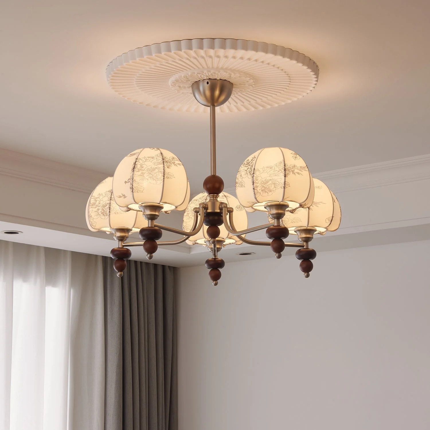 Comirisra Premium Traditional Petal Fabric Wood Chandelier - Image 4