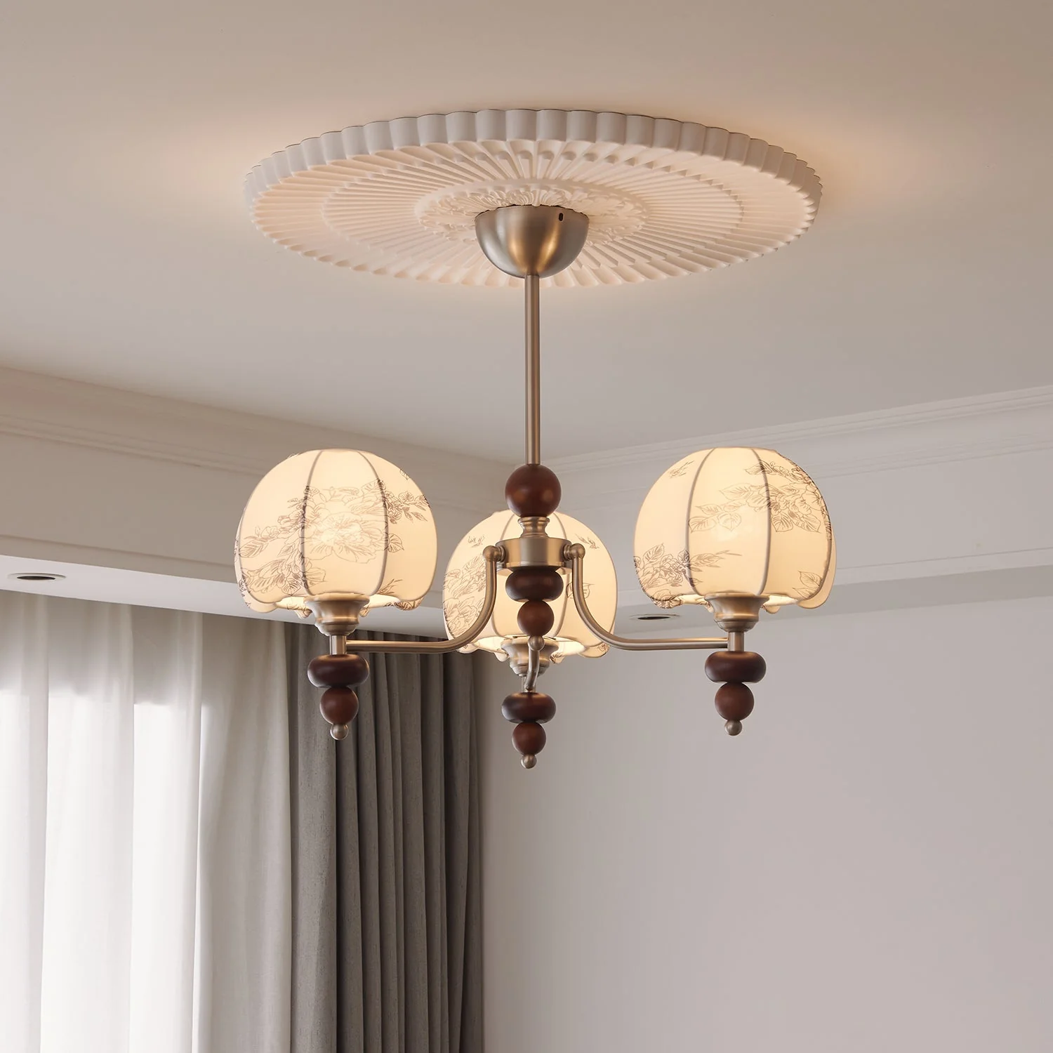 Comirisra Premium Traditional Petal Fabric Wood Chandelier - Image 5
