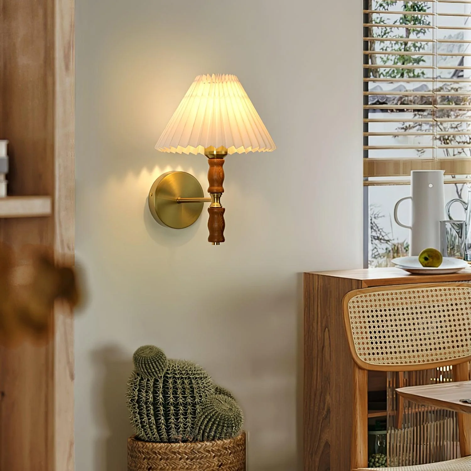 Ernest Vintage Industrial Pleated Walnut Fabric Wall Light - Image 16