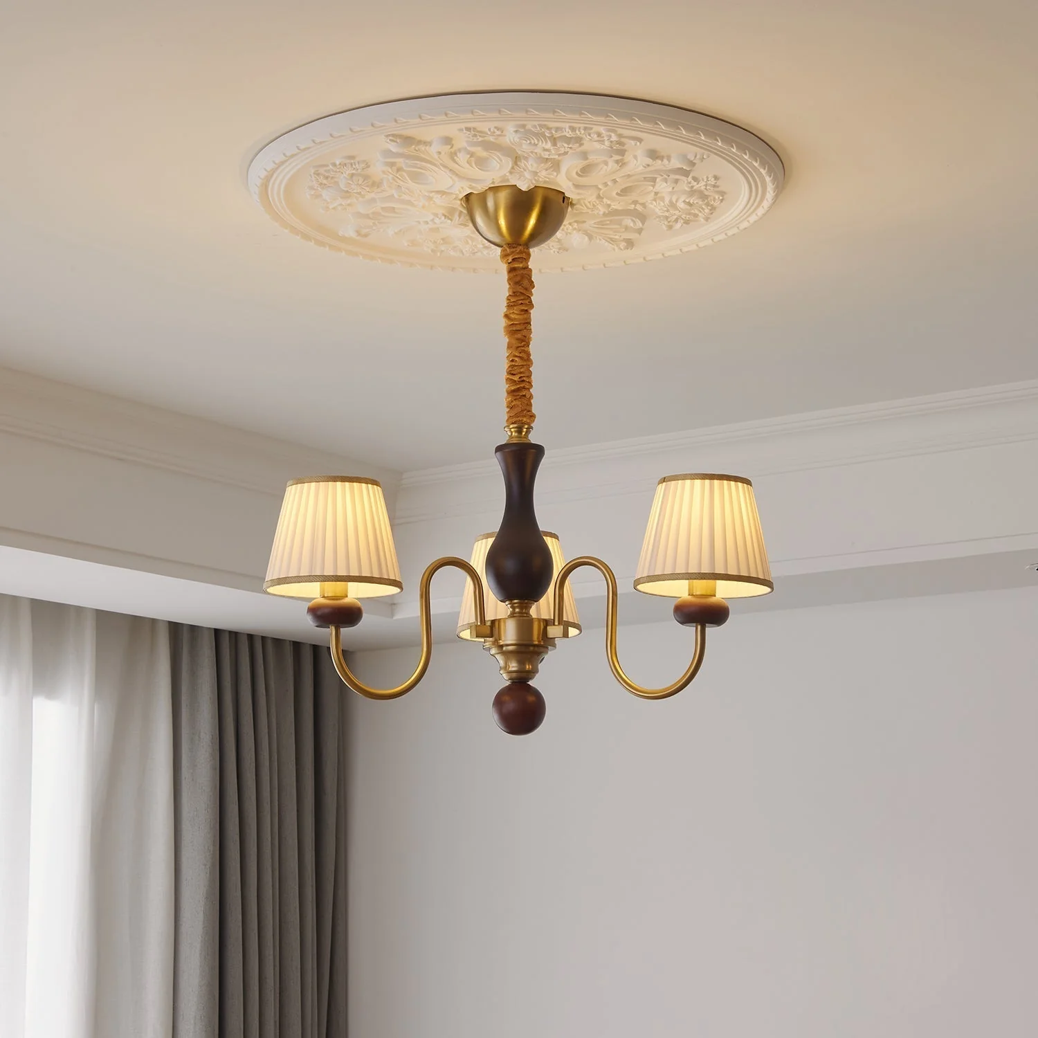 Erthaos Traditional Elegance Pleat Fabric Wood Chandelier - Image 10