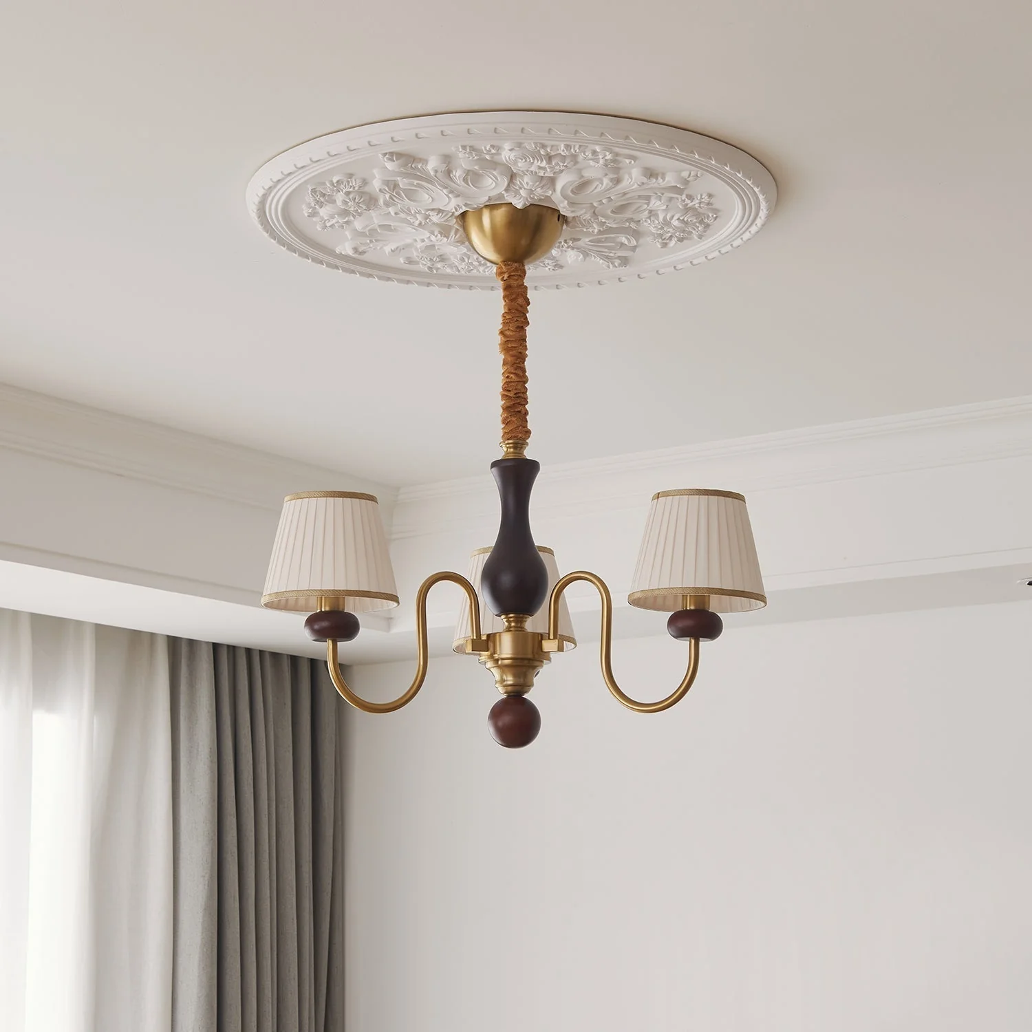 Erthaos Traditional Elegance Pleat Fabric Wood Chandelier - Image 11