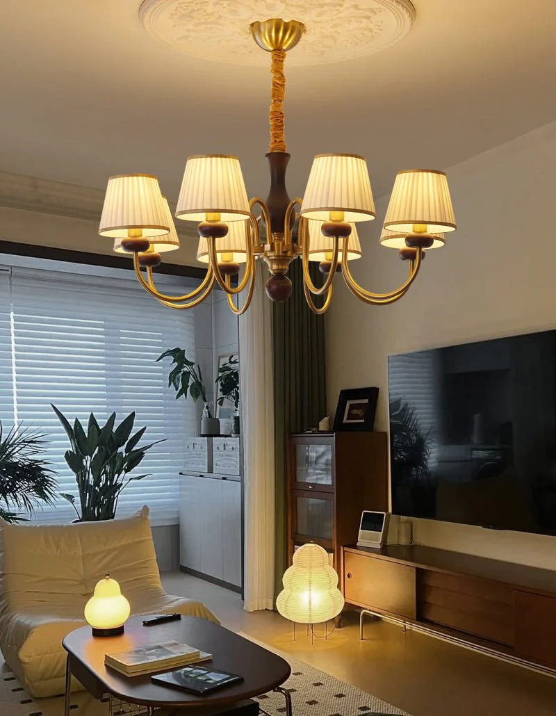 Erthaos Traditional Elegance Pleat Fabric Wood Chandelier - Image 17