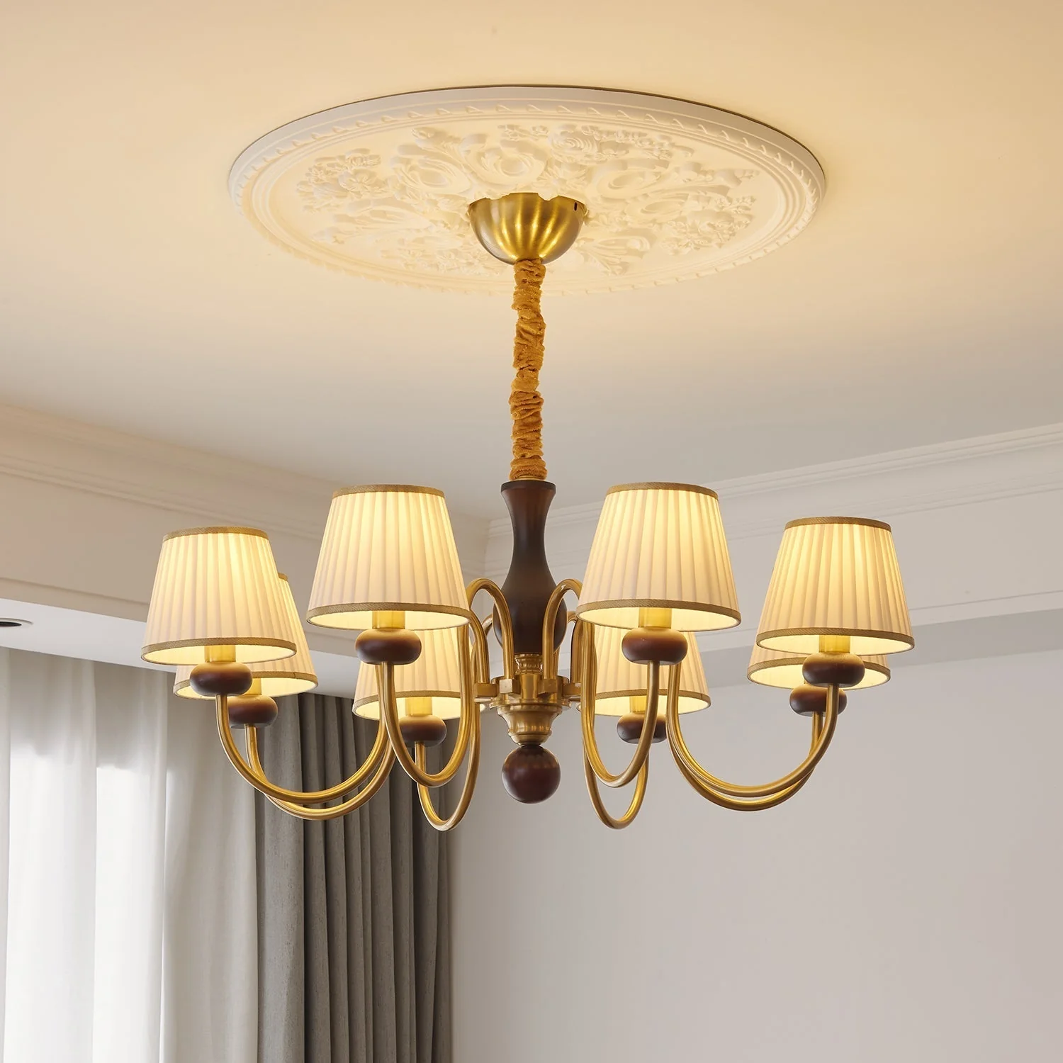 Erthaos Traditional Elegance Pleat Fabric Wood Chandelier - Image 4