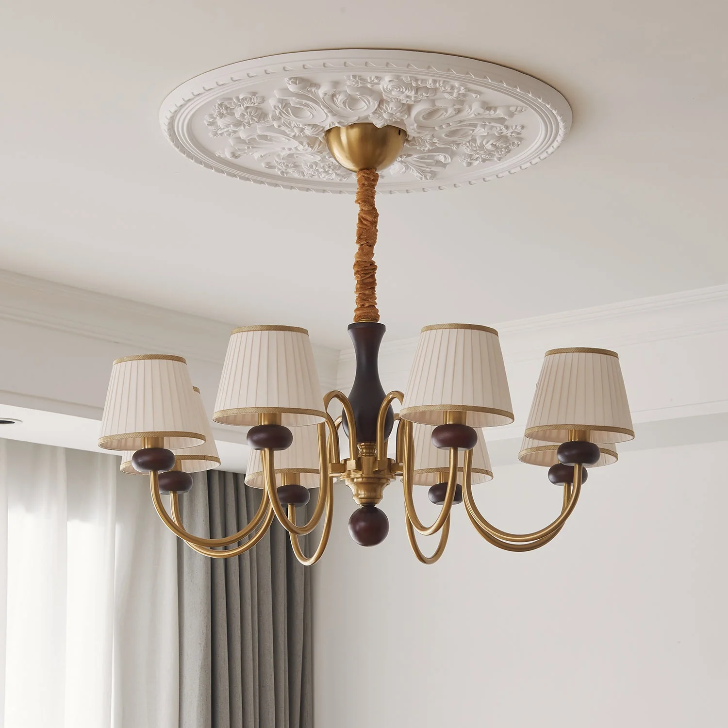 Erthaos Traditional Elegance Pleat Fabric Wood Chandelier - Image 7