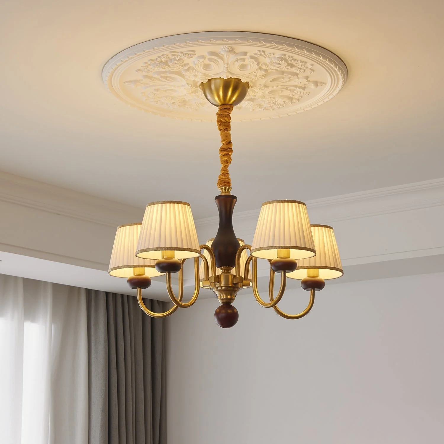 Erthaos Traditional Elegance Pleat Fabric Wood Chandelier - Image 8