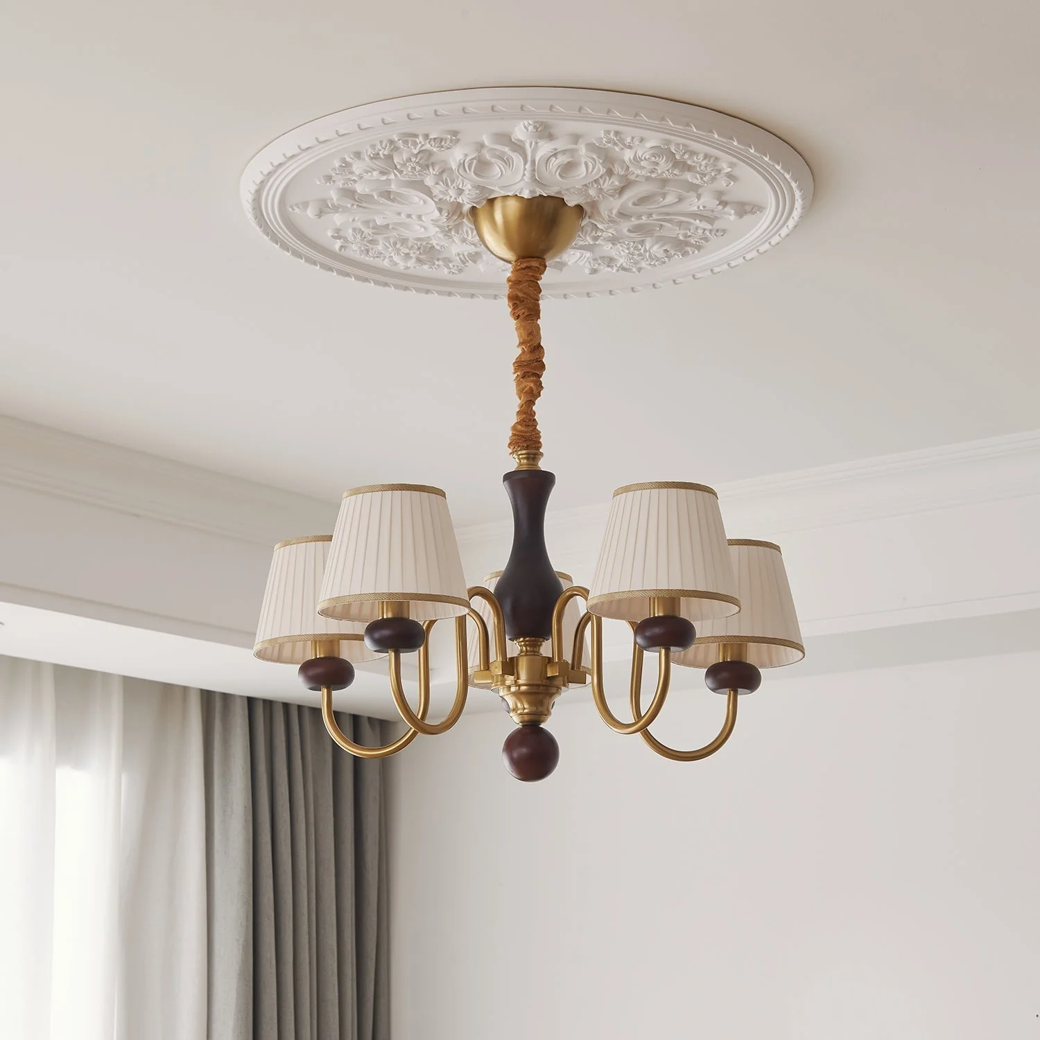 Erthaos Traditional Elegance Pleat Fabric Wood Chandelier - Image 9
