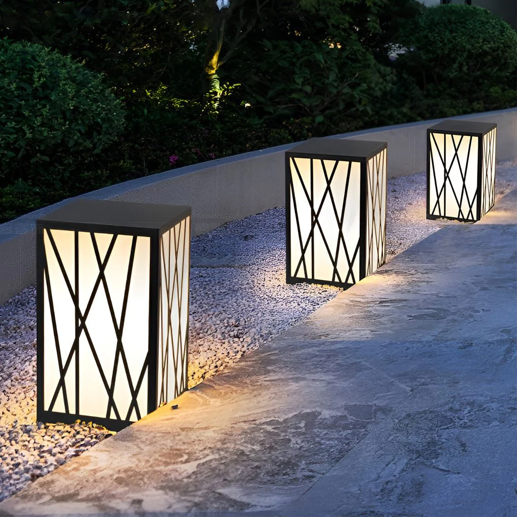 Ezra Square Solar LED Bollard Linear Steel Outdoor Lights